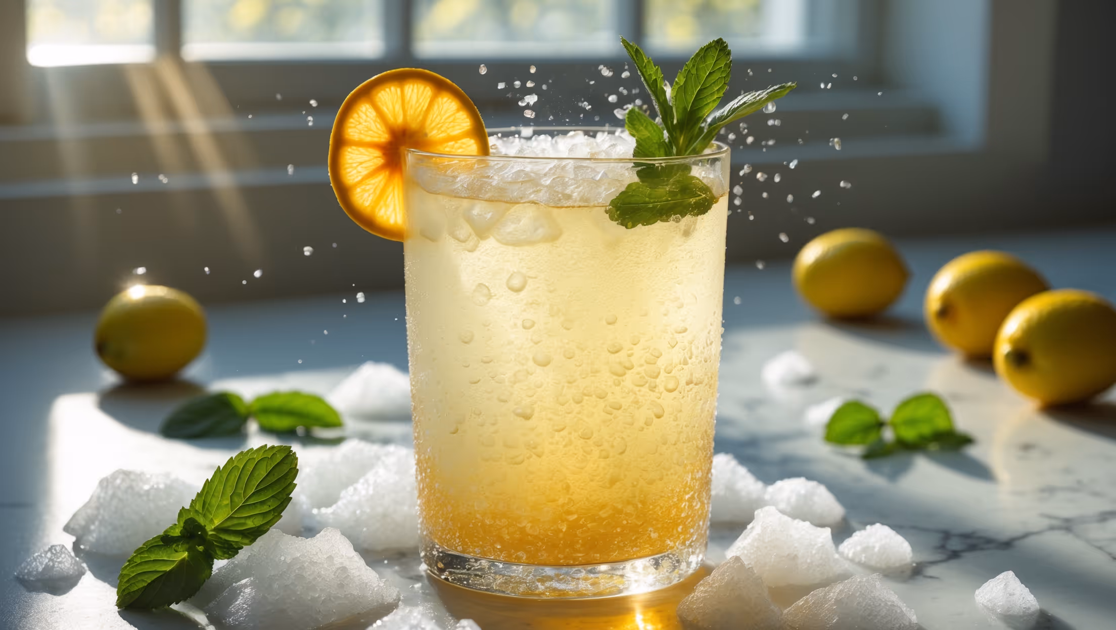 An elegant highball glass filled with a pale golden-yellow liquid capturing afternoon sunlight through a bright window. Crushed ice creates a frosty exterior while carbonation bubbles rise dramatically through the drink. Fresh mint sprigs and a paper-thin yuzu slice perch on the rim, while the background features scattered yuzu fruit and mint leaves on a light marble countertop. The drink shows a beautiful gradient from deeper gold at the bottom to lighter hues where the bubbles collect, highlighting the refreshing nature of this sophisticated non-alcoholic offering.