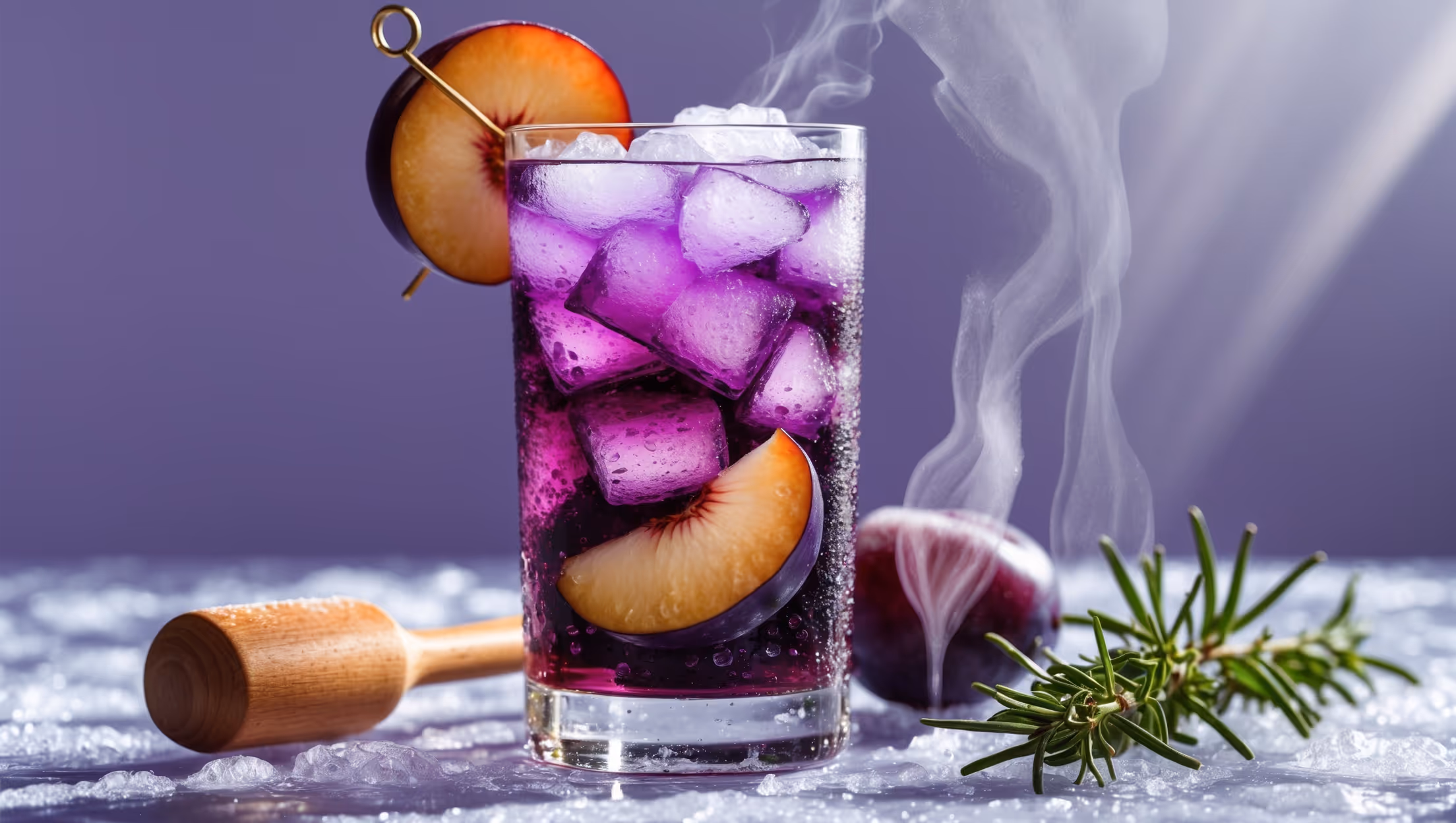 A tall highball glass filled with crushed ice and a deep purple-red mocktail, captured in bright natural daylight that highlights the layers of plum and rosemary infusion. Condensation beads on the glass surface, suggesting refreshing coldness. A wooden muddler rests beside the glass alongside fresh plum slices and a sprig of rosemary. The drink is garnished with a partially skewered plum slice and a smacked rosemary sprig releasing visible oils on the surface. The photo angle captures both the vibrant drink color and the aromatic steam rising from the fresh herbs.