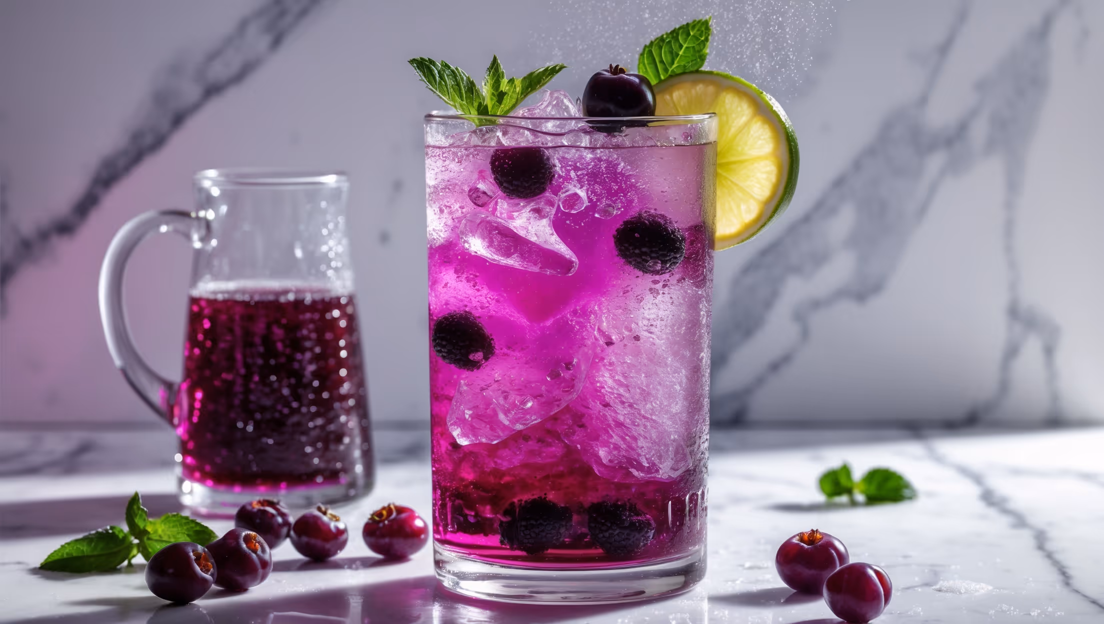 A tall, elegant highball glass filled with a vibrant purple-to-magenta gradient mocktail, photographed in bright natural daylight against a light marble countertop. Crushed ice peeks through the intensely colored liquid, while fresh mulberries and a mint sprig garnish the rim. Tiny bubbles rise through the drink, catching the light, while a thin lime wheel sits partially submerged. The condensation on the glass emphasizes the drink's refreshing nature, with a small pitcher of additional mulberry syrup and scattered fresh berries artfully arranged beside the glass to showcase the key ingredient.