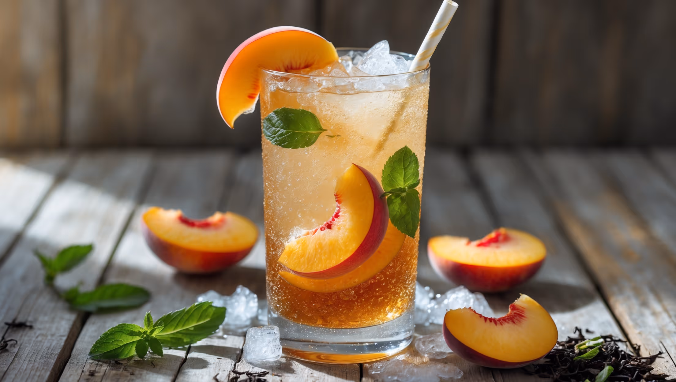 A tall collins glass captures the gradient of amber-to-golden liquid with condensation beading on the outside, photographed in bright natural daylight. Slices of fresh peach cascade down the inside of the glass while crushed ice creates a frosty effect. A sprig of fresh mint adds a pop of green against the peachy tones, with a paper straw creating diagonal interest. The mocktail sits on a weathered wooden table alongside scattered peach slices and tea leaves, emphasizing its natural ingredients and summery appeal.