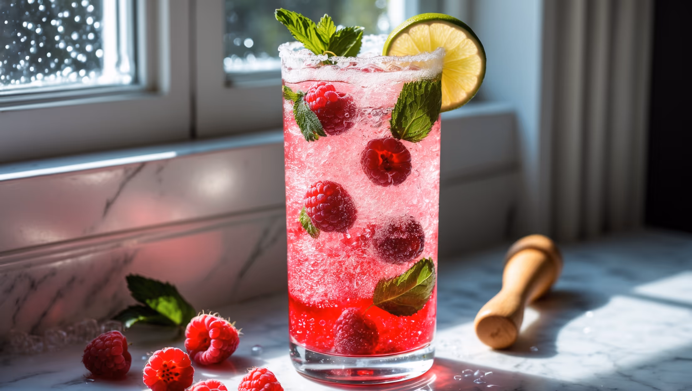 A tall, crystal-clear highball glass filled with a vibrant raspberry-red mocktail catching bright natural daylight from a nearby window. Crushed ice creates a frosty effect as it mingles with whole raspberries and torn mint leaves floating throughout the drink. A generous lime wedge perches on the rim, while beads of condensation form on the outside of the glass, suggesting its refreshing temperature. The drink shows beautiful layering - deeper red at the bottom lightening slightly toward the top where bubbles from the sparkling water create tiny effervescent pearls. A wooden muddler and small bowl of fresh raspberries sit alongside the glass on a light marble surface, suggesting the craft behind this homemade creation.