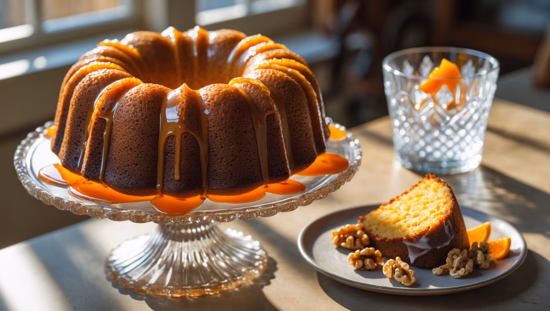 An overhead shot of a golden-brown bundt cake with deep ridges catching the warm afternoon light streaming through kitchen windows. The cake's glossy bourbon-orange glaze drips tantalizingly down the sides, pooling on a vintage cake stand. Close-up details reveal specks of toasted black walnuts and orange zest scattered throughout the moist crumb. A cross-section slice on a small plate shows the cake's tender interior, while garnishes of candied orange peel and whole black walnuts create visual interest. A cut crystal tumbler with an old fashioned cocktail sits blurred in the background, connecting the cake to its cocktail inspiration.