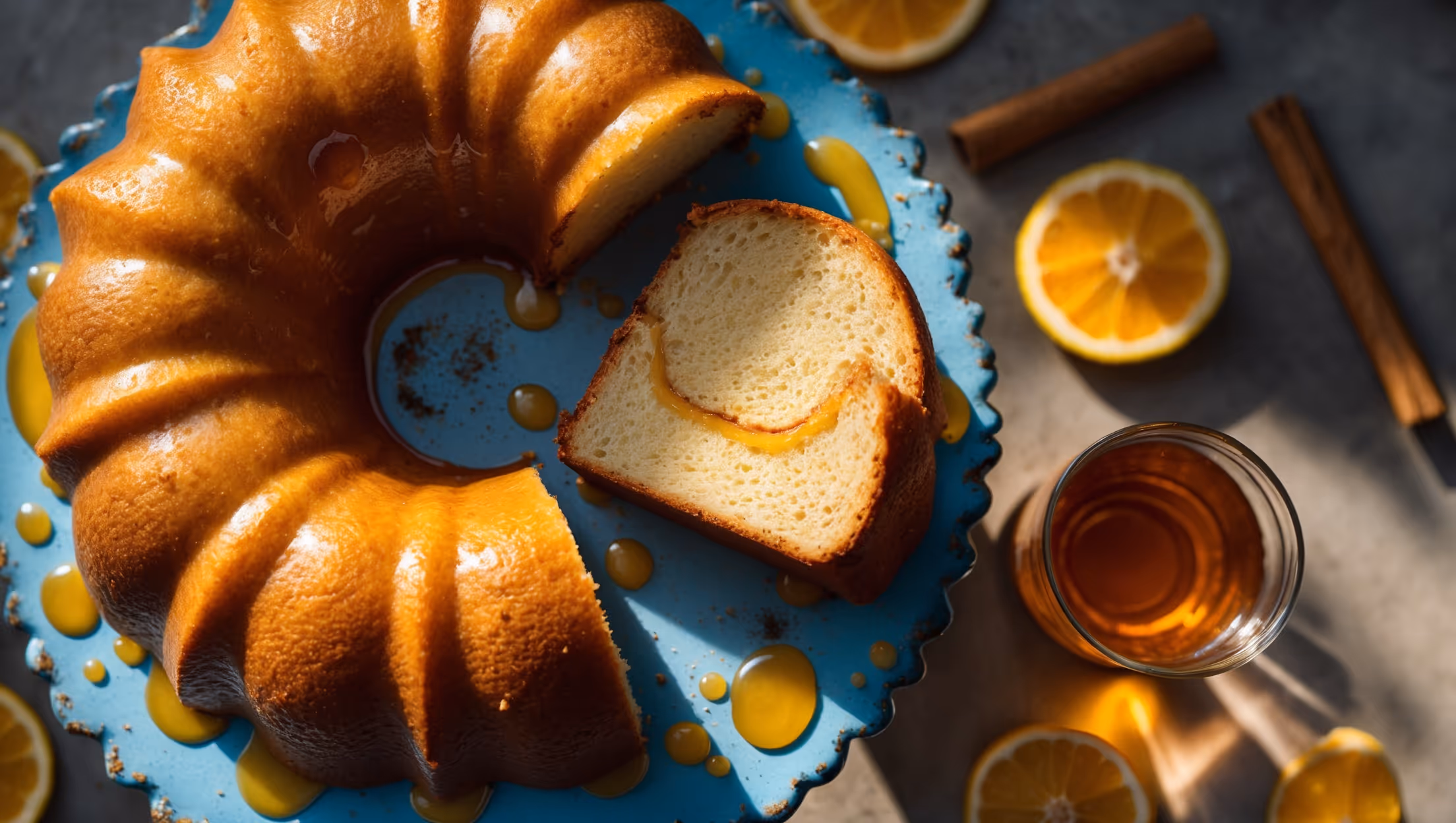 An overhead shot captures a golden bundt cake with a glossy rum glaze cascading down its ridged sides, pooling elegantly on a vintage blue ceramic cake stand. A cross-section view reveals the cake's moist, tender crumb studded with bright specks of orange and lime zest. The scene is bathed in warm afternoon light, with scattered citrus slices, cinnamon sticks, and a small glass of amber rum strategically placed alongside. Droplets of glaze catch the light, highlighting the cake's sticky, rum-infused exterior and suggesting the rich, boozy flavor profile that awaits.