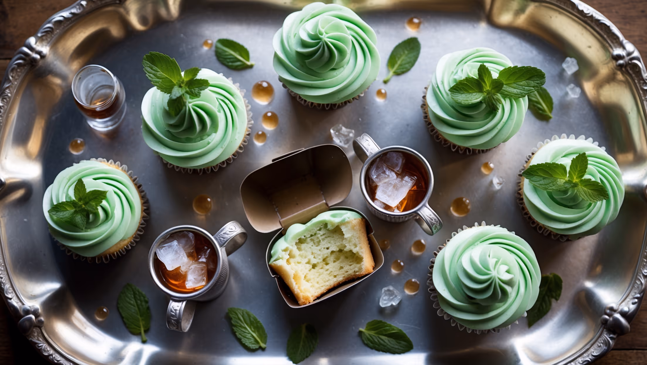 An overhead shot of six Mint Julep Bourbon Cupcakes arranged on a vintage silver serving tray, with natural light illuminating their perfect domes topped with mint-green buttercream swirls. A cross-section view reveals the moist, bourbon-infused crumb inside one cupcake. Small fresh mint sprigs and crystallized mint leaves garnish each cupcake, while miniature silver julep cups containing bourbon and crushed ice sit strategically between the cupcakes. Scattered mint leaves and droplets of bourbon glaze create artistic accents across the polished silver surface, highlighting the dessert's elegant inspiration from the classic cocktail.