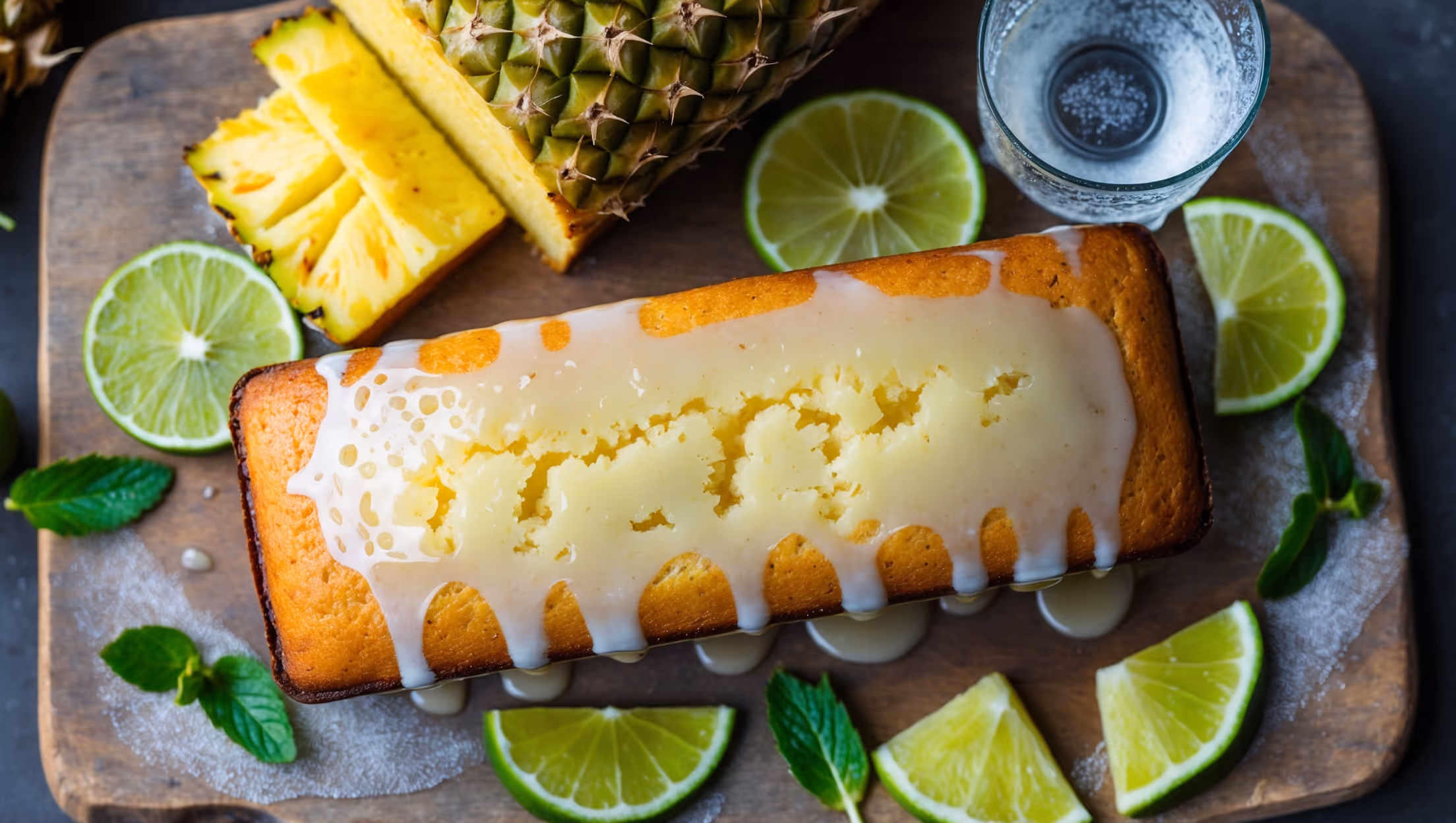An overhead shot of a rectangular loaf cake with a glistening lime-cachaça glaze cascading down the sides, captured in bright natural daylight. The cake's golden-yellow crumb is visible where a slice has been removed, revealing flecks of pineapple throughout. The styling includes fresh pineapple wedges and lime wheels arranged alongside the cake on a rustic wooden serving board. Scattered mint leaves add vibrant green accents, while a small glass of cachaça sits in the background, suggesting the cocktail inspiration. Condensation on the glass hints at refreshing coolness, perfectly complementing the summery, tropical nature of this boozy baking creation.