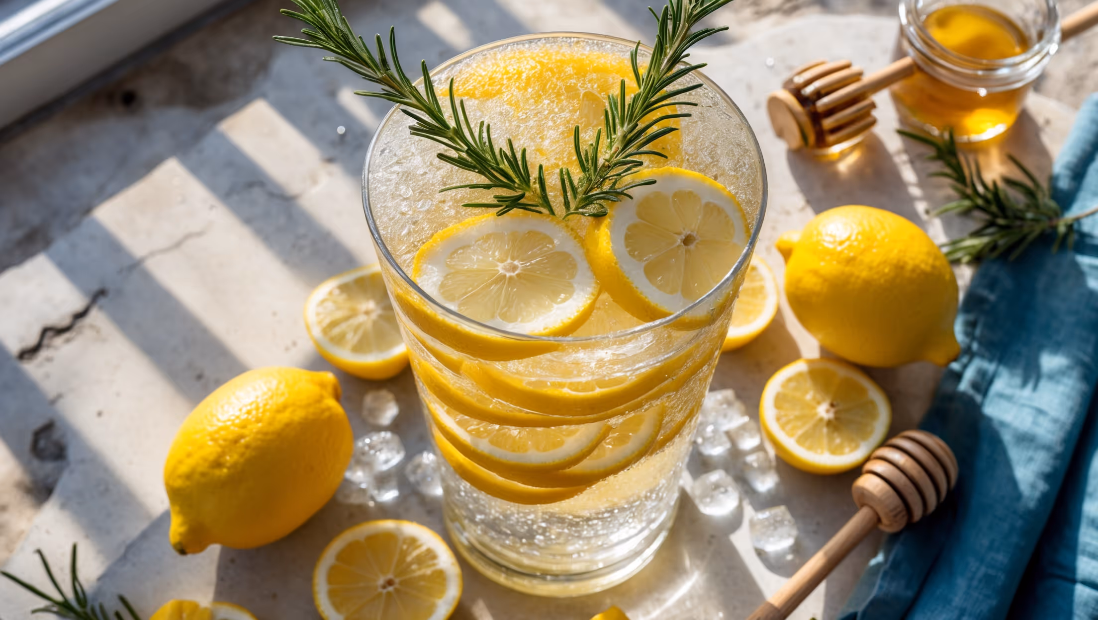 An overhead shot of a crystal highball glass filled with this sparkling Amalfi lemon mocktail, ice catching the natural afternoon light streaming through a window. A cross-section view reveals layers of vibrant yellow lemon slices pressed against the glass, with rosemary sprigs standing tall as garnish. The surface glistens with tiny bubbles from the tonic water, creating a dynamic texture. Scattered around the base are fresh Amalfi lemons with their distinctive elongated shape and bright yellow skin, some cut to reveal their juicy interiors. A small jar of honey with a wooden dipper rests nearby on a rustic limestone surface reminiscent of the Amalfi Coast, with a linen napkin in Mediterranean blue adding contrast to the golden drink.