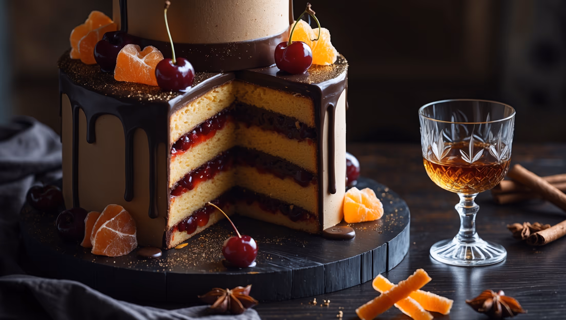 An elegant tiered cake captured in moody lighting that enhances its amber-hued layers. A cross-section reveals moist whiskey-infused sponge with cherry compote between layers and vermouth buttercream. The glossy chocolate ganache cascades down the sides with calculated imperfection, while crystallized cherries and orange twists garnish the top alongside a dusting of gold shimmer. A vintage crystal whiskey glass sits nearby on a dark wooden bar surface, with a few scattered star anise and cinnamon sticks suggesting the warming spice notes in the dessert.