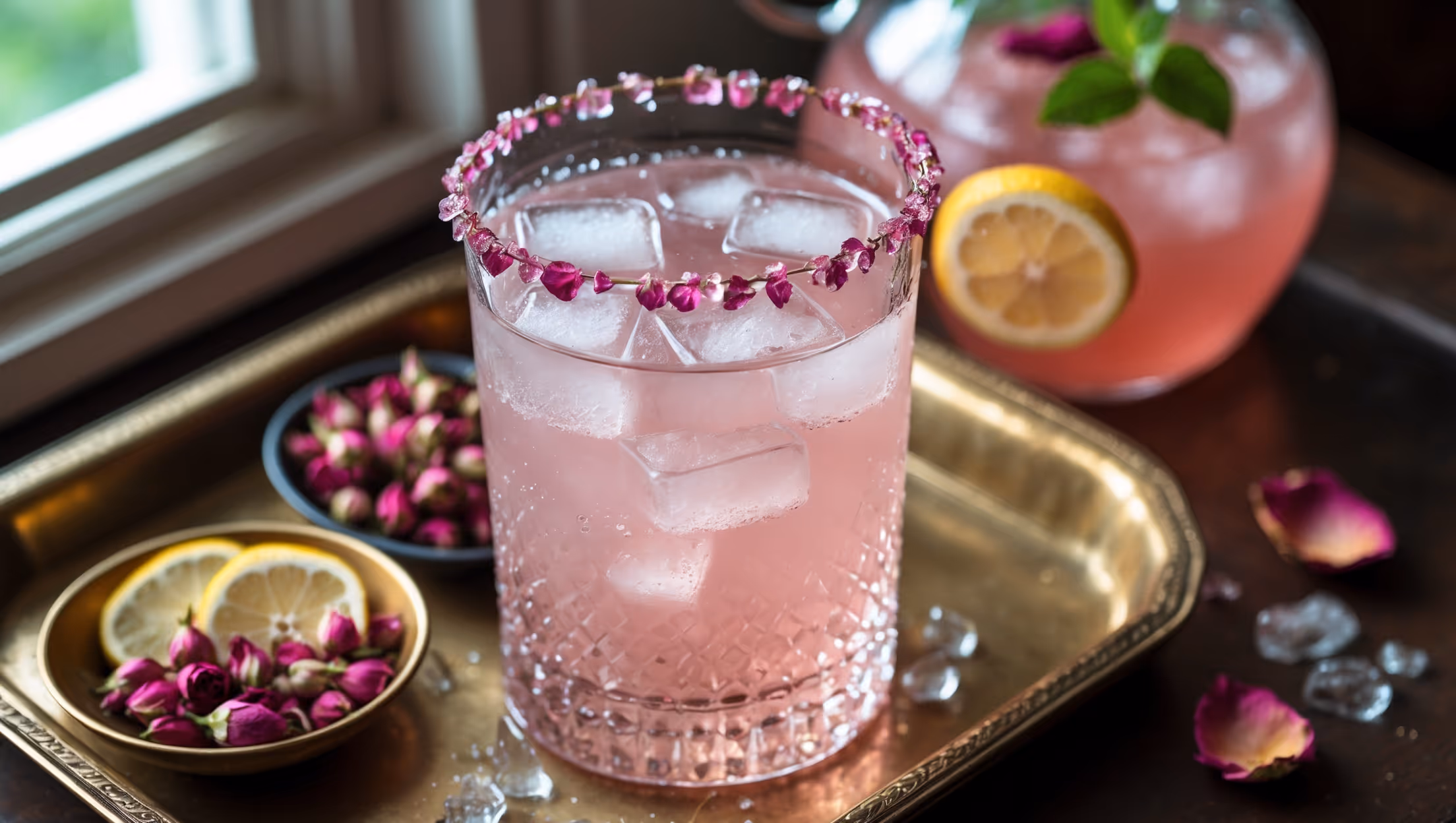 An overhead shot of a crystal-clear highball glass filled with pale pink Middle Eastern Rose Lemonade Mocktail, ice cubes tinkling against the sides. The rim is garnished with crystallized rose petals that catch the soft natural light streaming through a nearby window. Droplets of condensation cling to the glass, suggesting refreshing coolness. A vintage brass tray holds the drink alongside a small bowl of dried rose buds and fresh lemon slices. In the background, slightly blurred, sits a decorative Middle Eastern-inspired pitcher containing more of the rosy mocktail, with mint sprigs peeking out from the top. The scene conveys an atmosphere of elegant relaxation with subtle Middle Eastern influences.