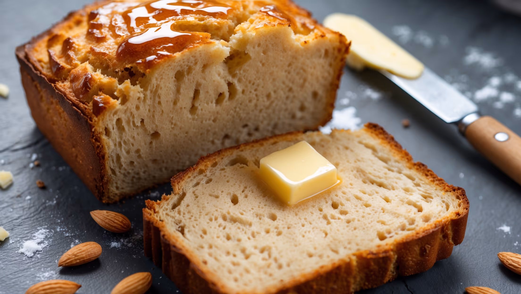 A close-up cross-section view of the golden-brown microwave bread, revealing its moist, airy crumb structure. Shot in bright natural light against a rustic slate surface, with a pat of melting butter creating a glossy sheen on top. Small scattered almond flour and a butter knife rest nearby, emphasizing the bread's homemade quality. The warm amber tones of the bread contrast beautifully with the cool gray background, highlighting the bread's perfectly cooked edges and tender interior that's ready to be filled with keto-friendly sandwich ingredients.