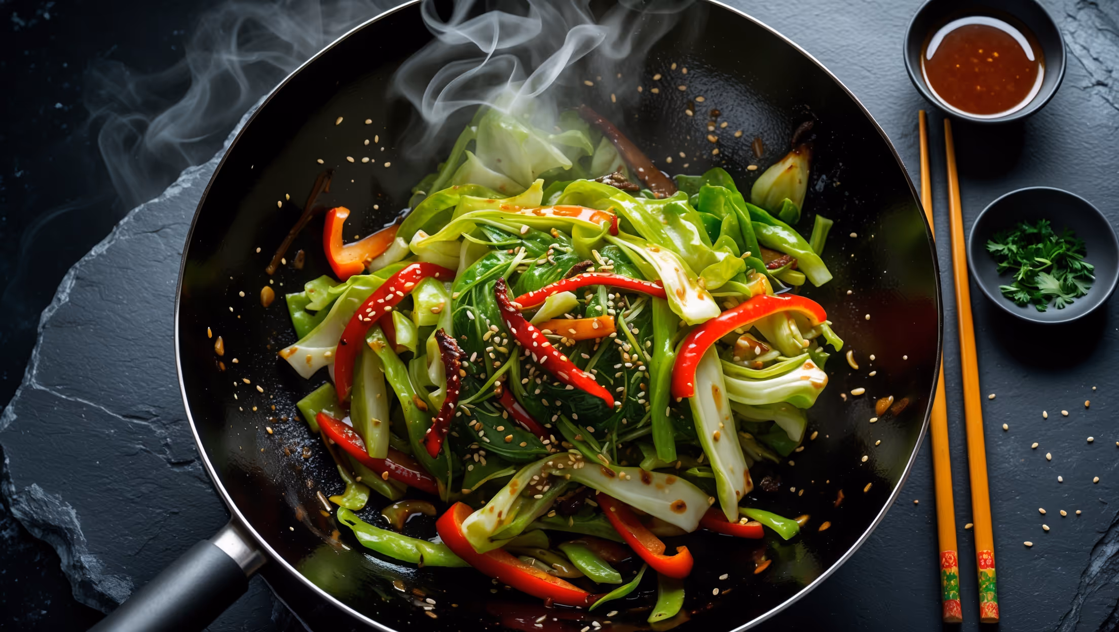 An overhead shot of a glossy black wok filled with vibrant keto cabbage stir fry, where emerald green cabbage slivers glisten with savory sauce alongside crimson bell pepper strips and speckles of sesame seeds. The steam rises gently, caught in warm studio lighting that highlights the caramelized edges of the vegetables. Arranged nearby, a small dish of additional sauce and scattered herbs add depth to the composition, while chopsticks rest against the rim of the wok on a textured dark stone surface, suggesting the immediate enjoyment of this colorful, aromatic low-carb dish.