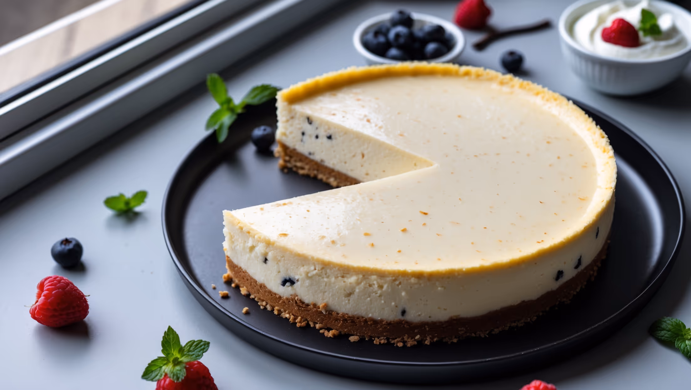 An overhead shot of a perfectly sliced keto cheesecake reveals its creamy vanilla-flecked interior against a crisp, golden almond flour crust. The slice rests on a matte black plate, showcasing the stark contrast between the pale cheesecake and its crumbly base. Natural window light highlights the smooth texture of the filling, while tiny vanilla bean specks are visible throughout. Surrounding the plate are scattered fresh berries, a small bowl of whipped cream, and a sprig of mint, suggesting perfect accompaniments. The cheesecake glistens slightly from its coconut oil content, giving it an appealing sheen that mimics traditional baked versions.