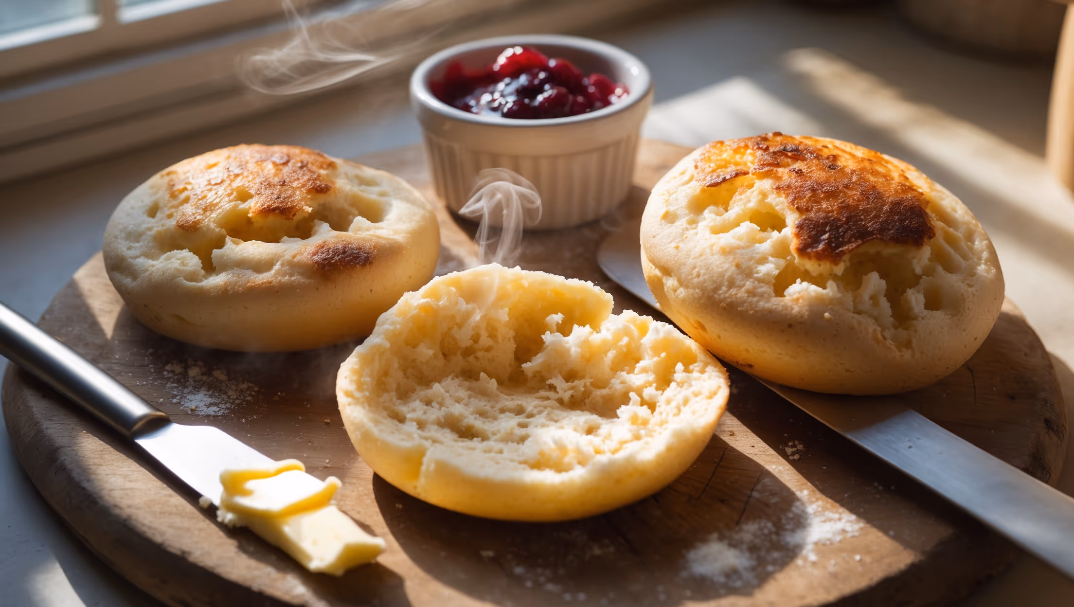 An overhead shot of golden-brown keto English muffins, split open to reveal their airy, porous interior with perfect nooks and crannies. Captured in soft morning light streaming through kitchen windows, the muffins sit on a rustic wooden board alongside a small ramekin of melting butter and a tiny jar of sugar-free berry preserves. A knife with a smear of butter rests nearby, and a few almond flour specks are artfully scattered around the composition. Steam rises gently from the freshly split muffin, highlighting its warm, just-cooked texture and inviting the viewer to imagine its satisfying, bread-like bite despite being completely grain-free.