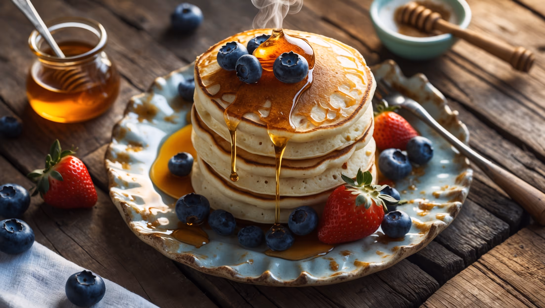 An overhead shot captures a rustic wooden table in warm morning light where a stack of three thick, fluffy Greek yogurt pancakes sits on a vintage ceramic plate. The pancakes display golden-brown exteriors with visible airy pockets and a velvety, moist interior texture. Fresh blueberries and strawberries cascade down the sides, while a drizzle of amber honey creates glossy streams that pool around the base. A small glass pitcher of additional honey stands nearby, alongside a small bowl of Greek yogurt topped with a sprinkle of ground cinnamon. Steam gently rises from the stack, suggesting they're freshly made, while a fork with a bite-sized piece rests on the edge of the plate.