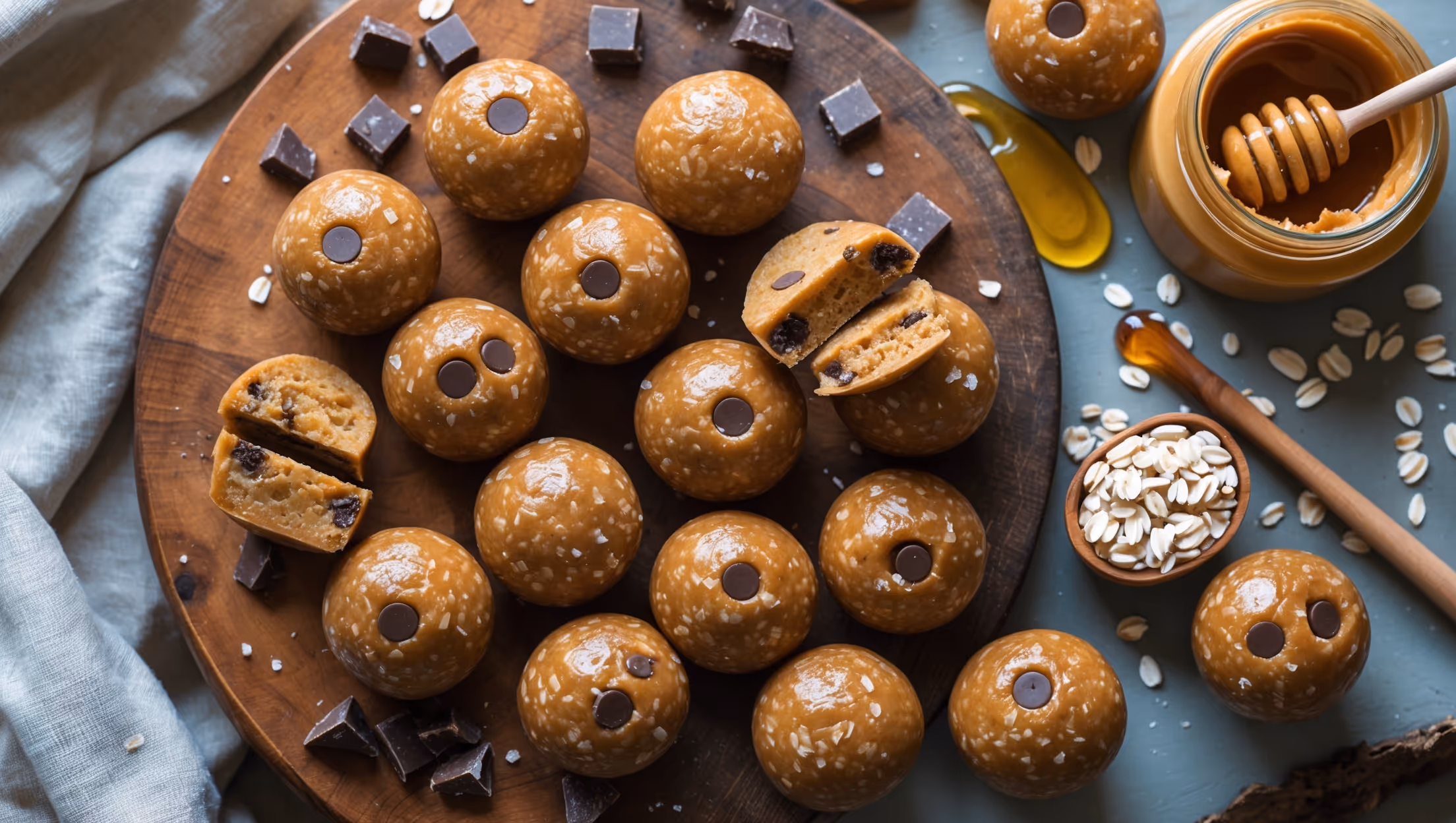 An overhead shot of golden-brown No-Bake Sunflower Butter Energy Balls arranged in a spiral pattern on a rustic wooden board, with a few balls cut in half to reveal the textured interior studded with mini chocolate chips and flecks of flaxseed. Soft natural light streams in from the side, highlighting the slightly glossy exterior and giving the balls an appetizing glow. A small jar of sunflower butter with a wooden spoon, scattered oats, and a drizzle of honey create a composition that tells the ingredient story. The warm amber tones of the energy balls contrast beautifully with the dark chocolate pieces, while a sprinkling of sea salt crystals catch the light on the surface of some balls.