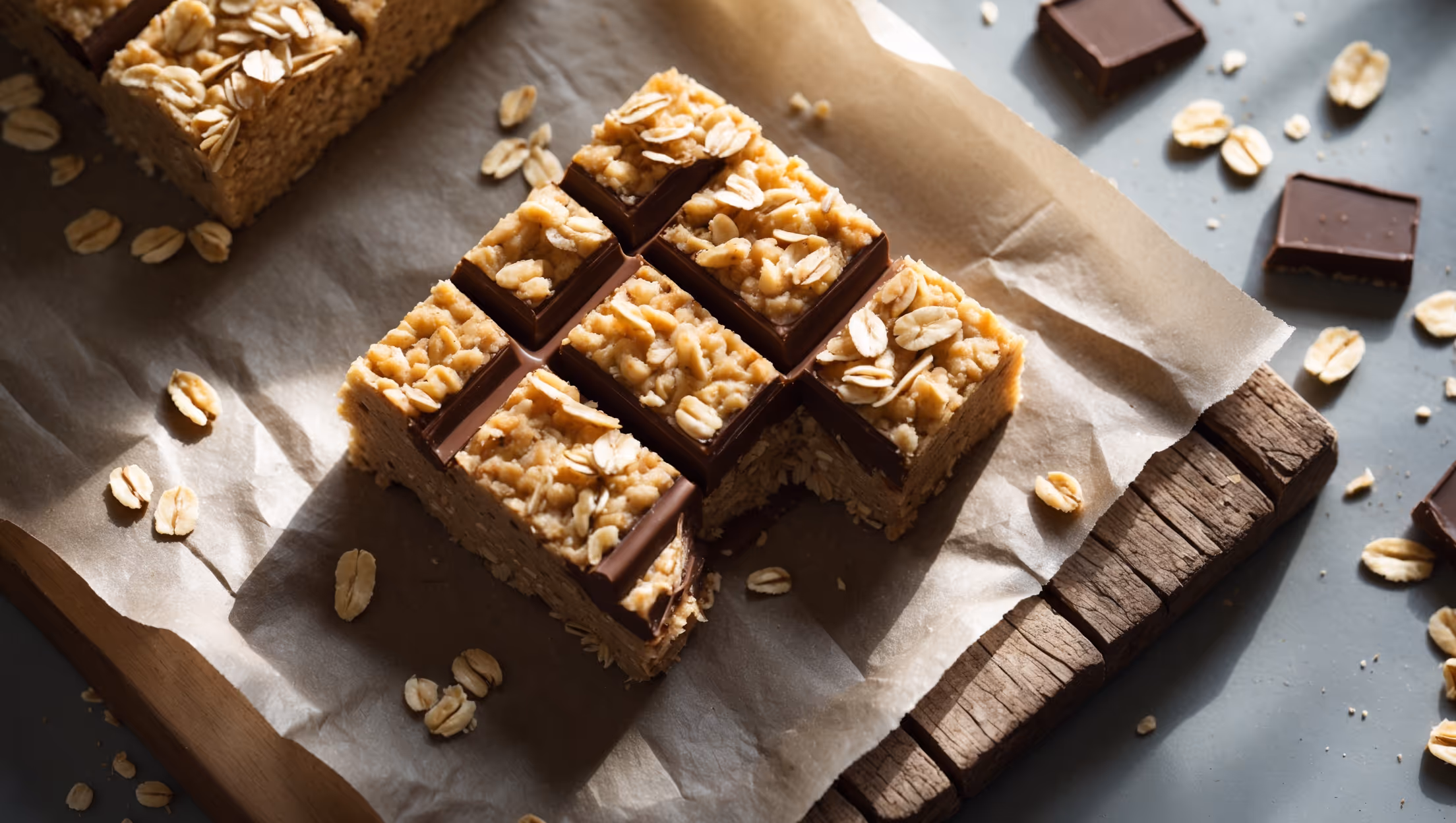 An overhead shot showcases a perfectly cut square of No-Bake Chocolate Oat Bar revealing its distinct three layers - golden brown oat base, glossy dark chocolate center, and crumbly oat topping. Soft natural light highlights the contrasting textures while casting gentle shadows that emphasize the bar's depth. The dessert rests on rustic parchment paper atop a weathered wooden board, with scattered oats and chocolate chunks arranged artfully around it. A partial bite taken from one corner reveals the chewy interior and the way the chocolate layer bonds perfectly with the oat mixture. The warm, inviting composition suggests homemade comfort with gourmet appeal.
