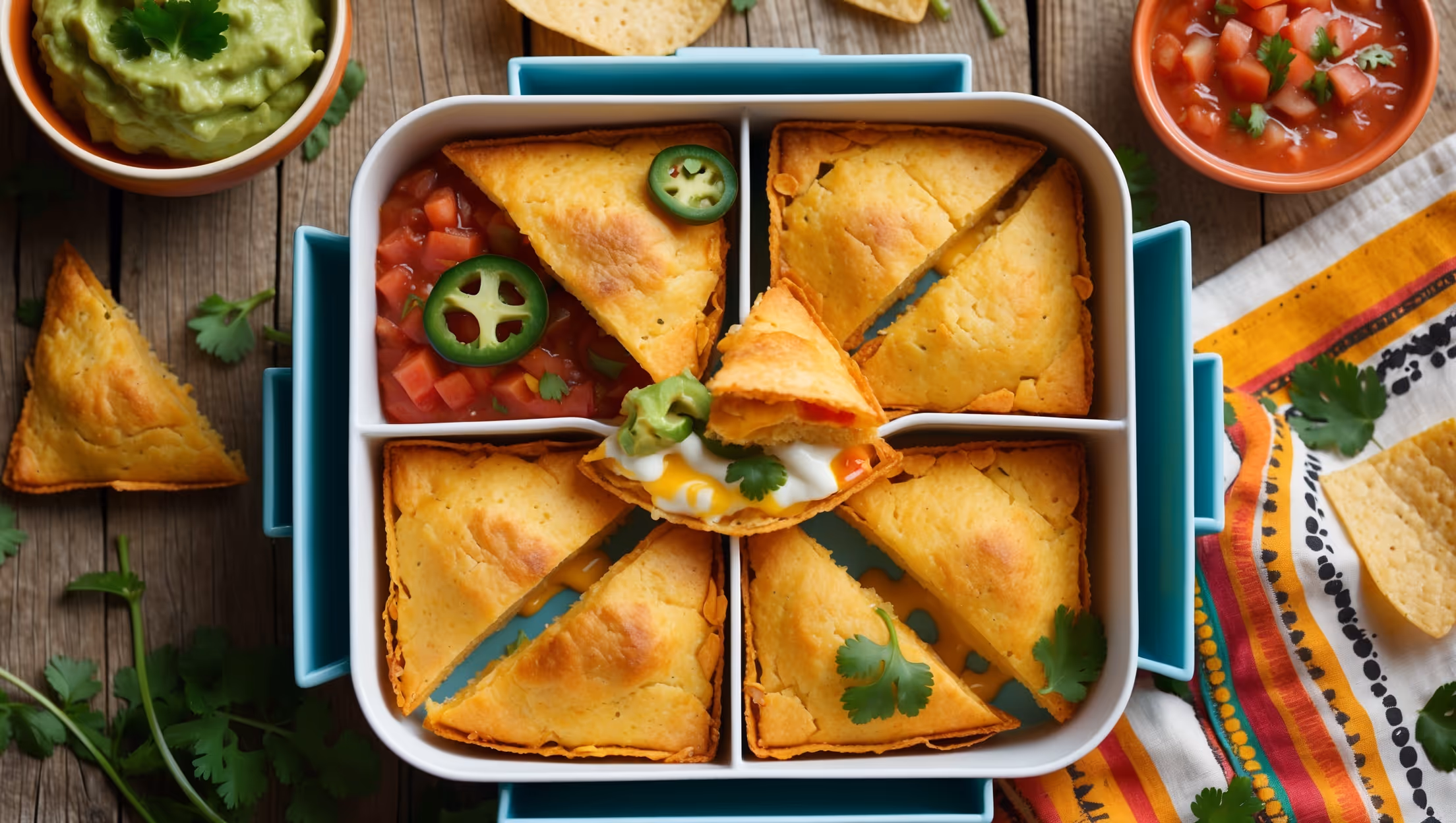 An overhead shot of a stylish bento box featuring golden-brown cornbread nacho bites arranged in sections alongside colorful compartments of guacamole, salsa, and sour cream. Soft natural light highlights the crispy edges and cheesy centers of each bite, while a cross-section view reveals melted cheese pockets within the cornbread texture. Scattered fresh cilantro and jalapeño slices add vibrant green accents against the warm yellow-orange tones of the cornbread. A rustic wooden table and bright Mexican-inspired serving cloth provide context, with a small bowl of tortilla chips visible at the edge for additional dipping options.