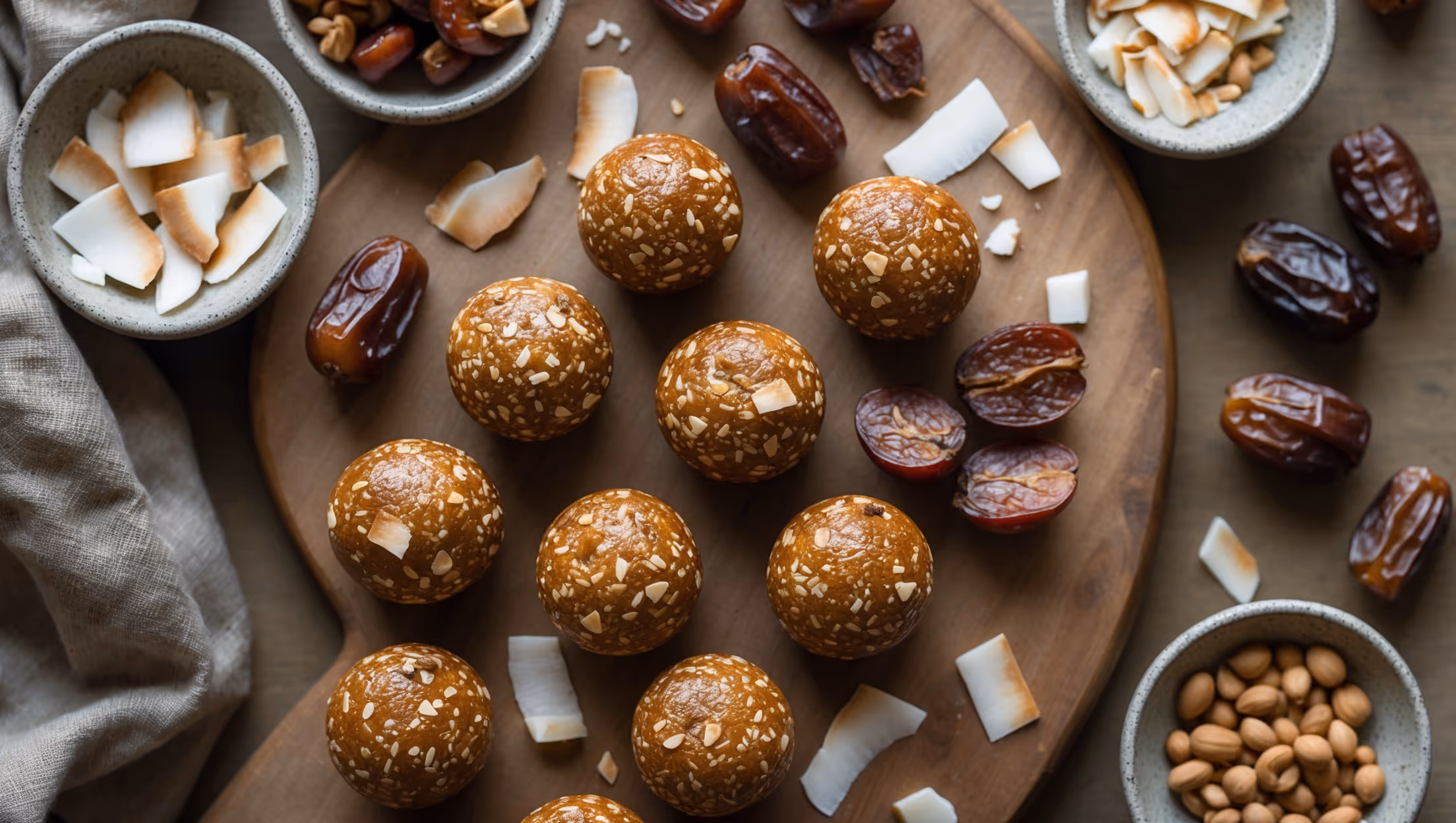 An overhead shot captures a rustic wooden board scattered with these golden-brown, spherical bites alongside raw ingredients. A close-up reveals their speckled texture with visible date pieces and coconut flakes catching the soft natural light. Some bites are halved to show their dense, moist interior studded with nuts. The styling includes small bowls of additional coconut flakes, dates, and nuts arranged artfully around the board, creating a warm, earthy color palette. A linen napkin adds texture to the corner of the composition, while a few scattered whole dates and coconut shavings suggest the natural ingredients within.