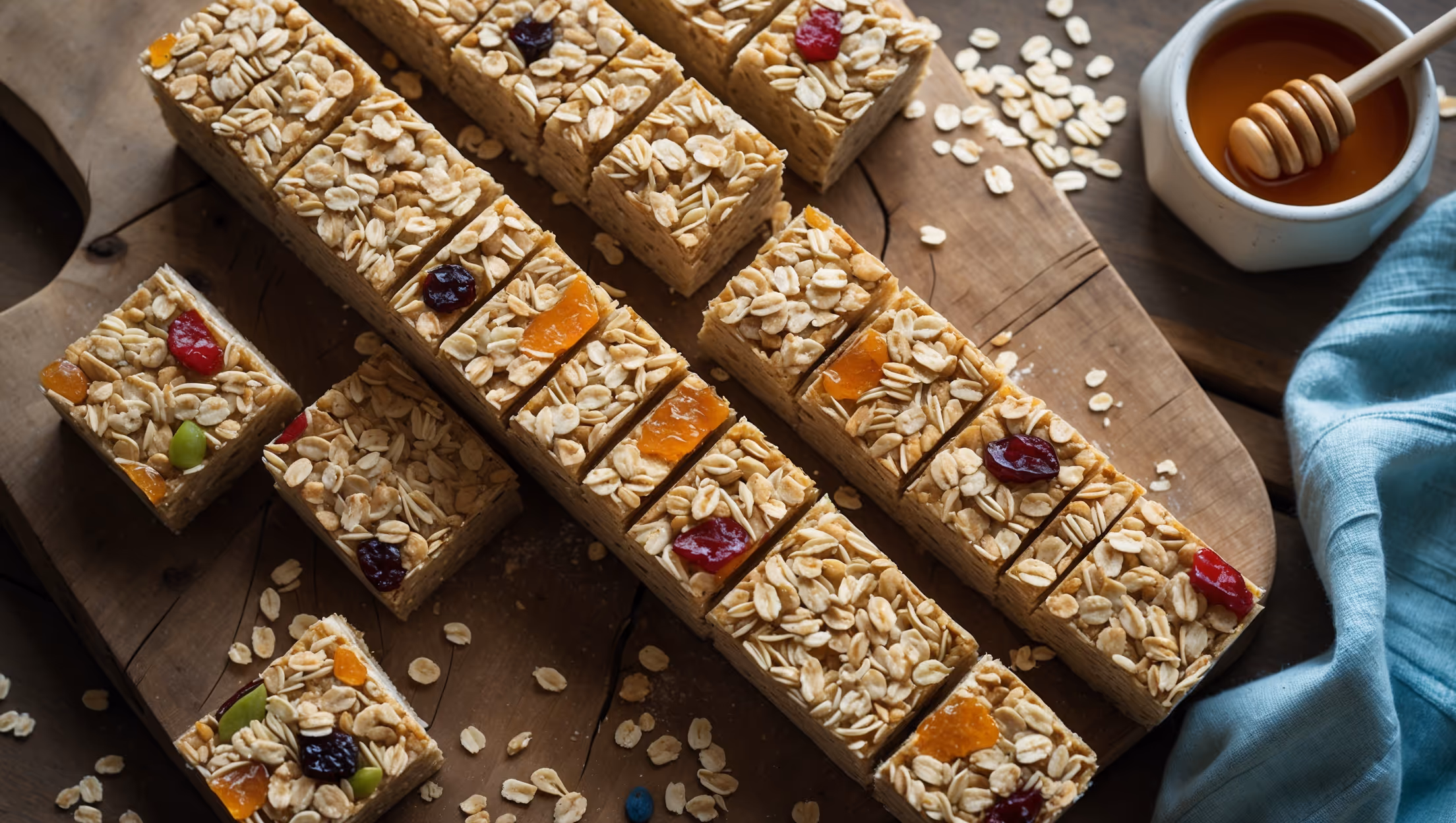An overhead shot of neatly cut rectangular oaty cereal bars stacked partially on a rustic wooden board, with a few bars arranged at different angles to highlight their texture. Soft natural light streams in from the side, illuminating the golden-brown surface and visible oats, seeds, and pieces of colorful dried fruit embedded throughout. A light dusting of oats surrounds the arrangement, with a small pot of honey with a wooden dipper nearby. The cross-section reveals the densely packed layers of toasted oats bound together with honey and syrup, showcasing the chewy yet substantial texture. A vintage blue tea towel adds a homey touch to the scene.
