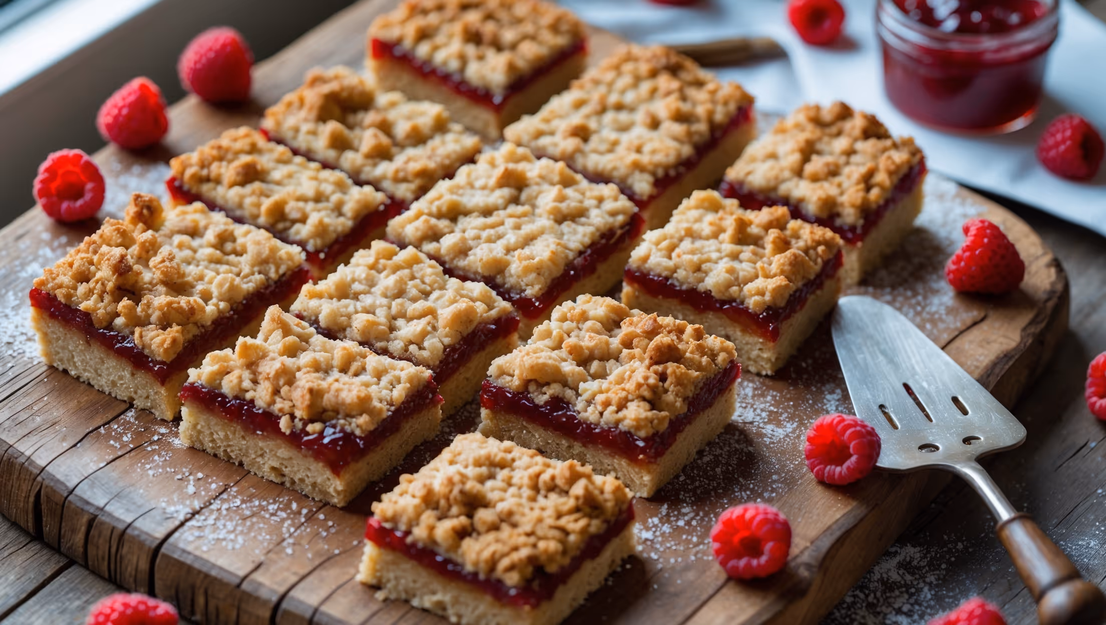 An overhead shot of golden-brown oatmeal jam bars cut into perfect squares on a rustic wooden serving board. Natural light streams in from a nearby window, highlighting the ruby-red jam layer peeking through the crumbly oat topping. A close-up reveals the three distinct layers - buttery oat base, vibrant jam filling, and crumbly streusel-like topping. Several bars are artfully arranged beside the main batch, one propped up to showcase the layers, while scattered fresh raspberries and a small jar of homemade jam sit in the background. A dusting of confectioners' sugar adds contrast against the rich colors, with a vintage cake server resting nearby ready to lift the next piece.
