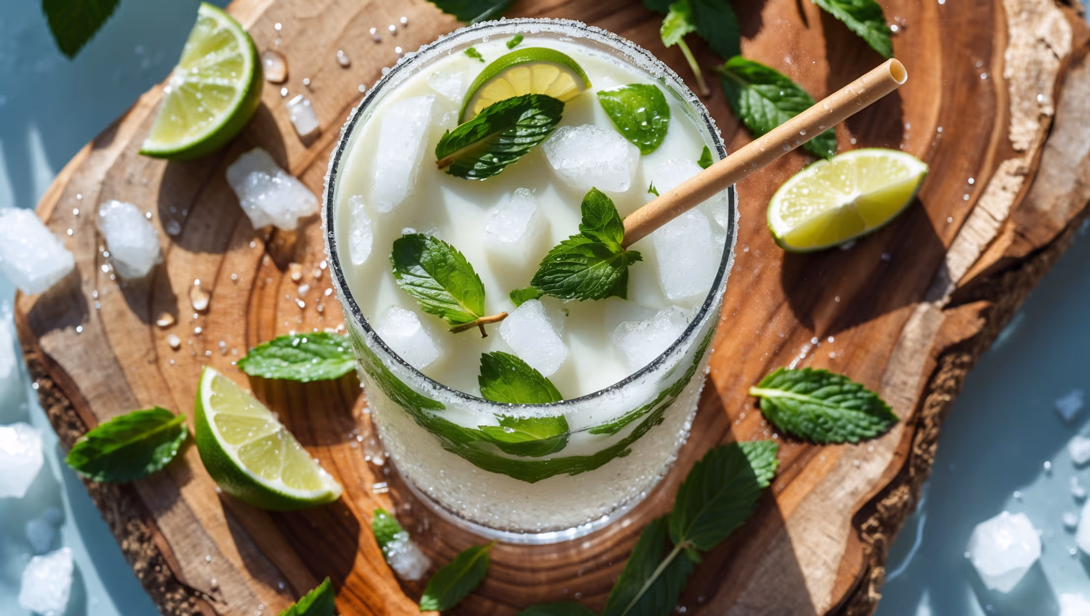 An overhead shot of a frosty highball glass filled with a milky white Nojito against bright natural daylight. Crushed ice peeks through the creamy coconut liquid, layered with vibrant green muddled mint leaves. Fresh lime wedges and coconut shavings rest atop as garnish, while a biodegradable straw stands tall among scattered mint sprigs. Tiny water droplets form on the glass exterior, conveying ultimate refreshment, while a rustic wooden serving board provides textural contrast to the crisp, tropical beverage.
