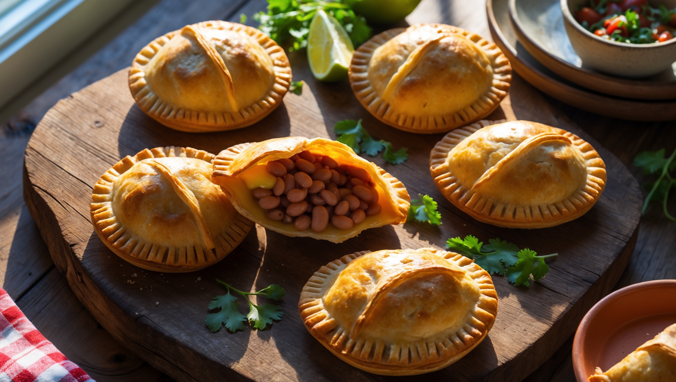 An overhead shot captures a rustic wooden board holding five golden-brown bean and cheese hand pies, with one broken open to reveal the steaming bean and cheese filling inside. Soft natural light streams in from a nearby window, highlighting the flaky layers of pastry and creating gentle shadows that emphasize the texture. Close-up details show the crimped edges and slight caramelization where cheese has bubbled out and crisped. A small bowl of fresh salsa, a scatter of cilantro leaves, and a halved lime provide vibrant color contrast against the warm tones of the pastry. In the background, a checkered kitchen towel and earthenware plates suggest a casual, homestyle meal setting.