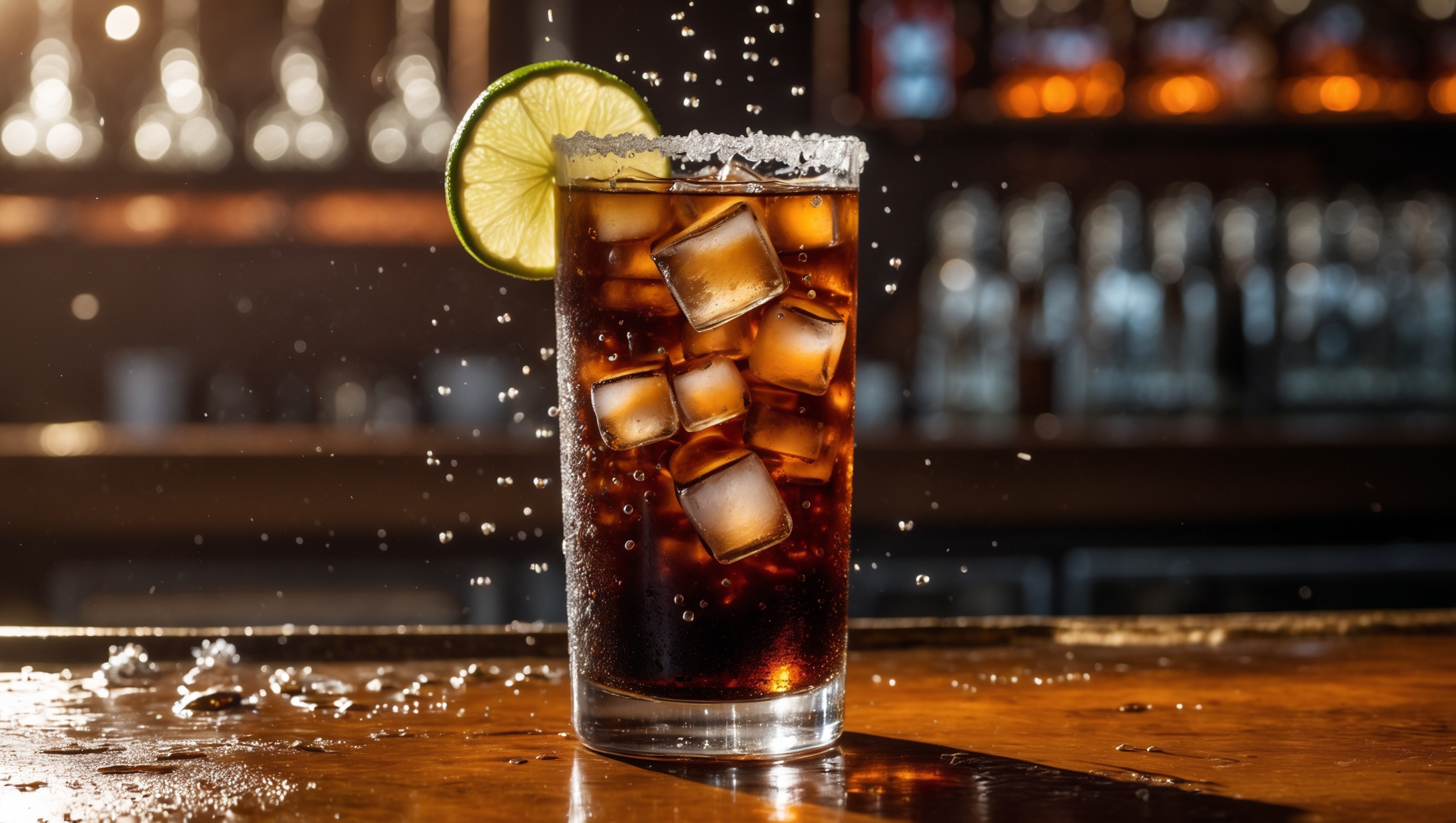 A tall, frosted highball glass filled with a dark, effervescent Batanga cocktail, where amber tequila mingles with cola creating tiny bubbles that dance upward. Ice cubes glisten under warm bar lighting, while a substantial lime wedge perches on the salt-crusted rim. Condensation beads roll down the glass surface, catching light dramatically against a distressed wooden bar top. The drink's deep brown color transitions to caramel where sunlight hits the edges, with a twist of lime zest floating on the surface adding a vibrant green accent against the dark liquid.
