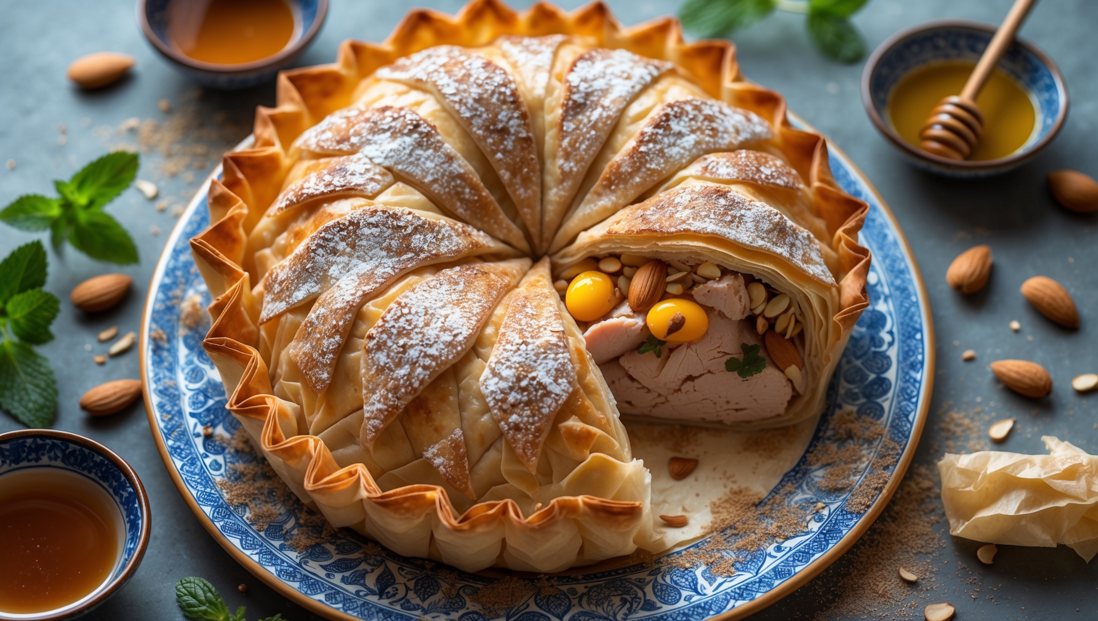 An overhead shot of a golden-brown Bastilla, its phyllo crust crackling with delicate layers that have baked to a perfect amber hue. A decorative pattern of powdered sugar and cinnamon creates geometric designs across the surface, contrasting beautifully against the pastry. A cross-section reveals the fragrant chicken filling studded with almonds and eggs. The pie sits on a traditional Moroccan ceramic plate with intricate blue patterns, surrounded by fresh mint sprigs and small bowls of honey. The soft natural light highlights the textural details of the flaky crust, while a sprinkle of crushed almonds adds dimension around the plating.