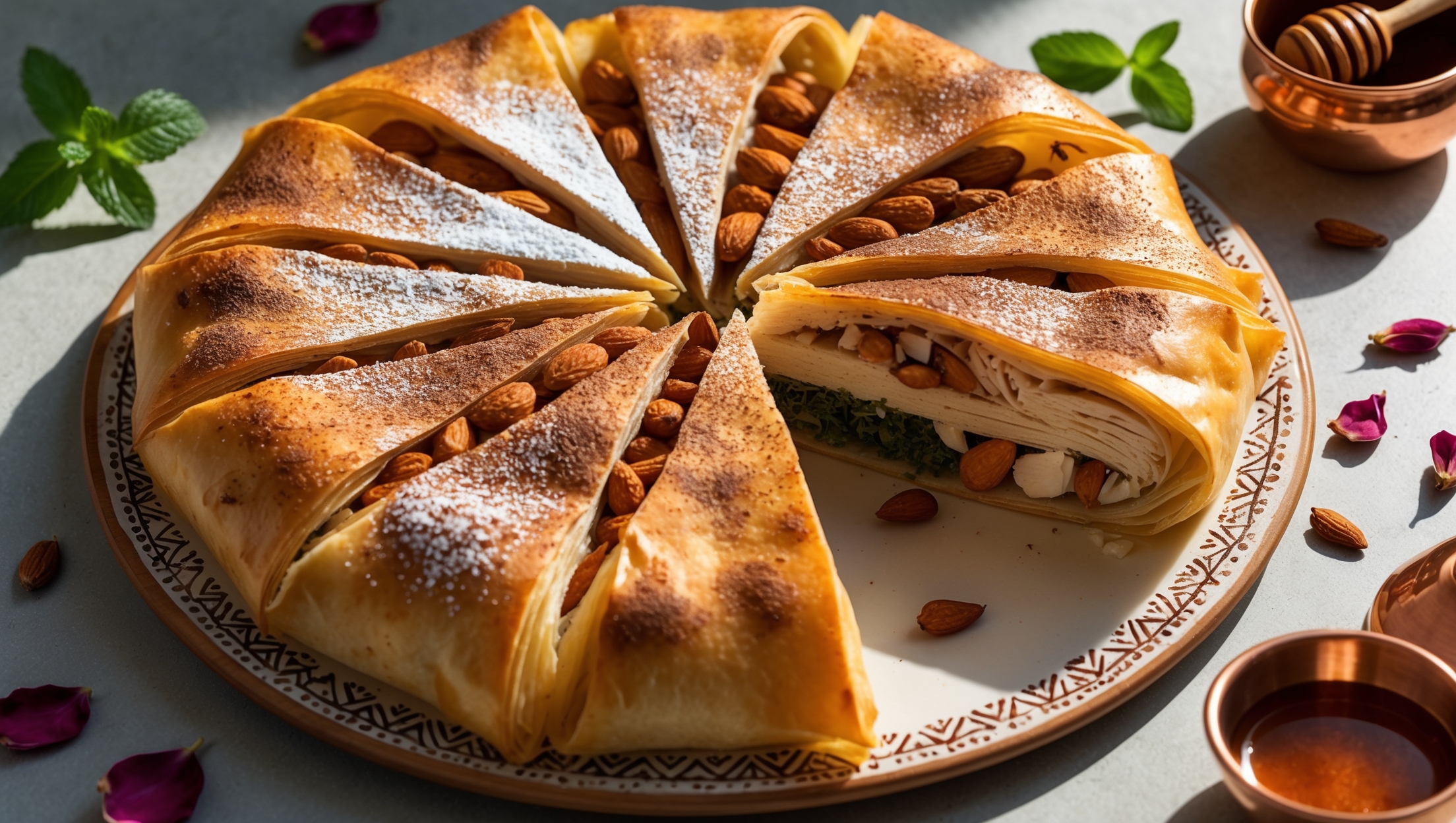 An overhead shot of a golden-brown bastilla dusted with powdered sugar and cinnamon creating a decorative geometric pattern on top. A slice has been removed to reveal the succulent layers of spiced chicken confit nestled between paper-thin pastry. Warm, directional lighting creates shadows that emphasize the flaky texture of the phyllo while highlighting the amber-hued almonds scattered throughout the filling. The bastilla rests on a handcrafted ceramic plate with traditional Moroccan patterns, surrounded by fresh mint sprigs, dried rose petals, and a small copper pot of honey for drizzling. The rich colors of the filling—cinnamon browns, saffron yellows, and deep greens from herbs—create a striking contrast with the pastry's golden exterior.