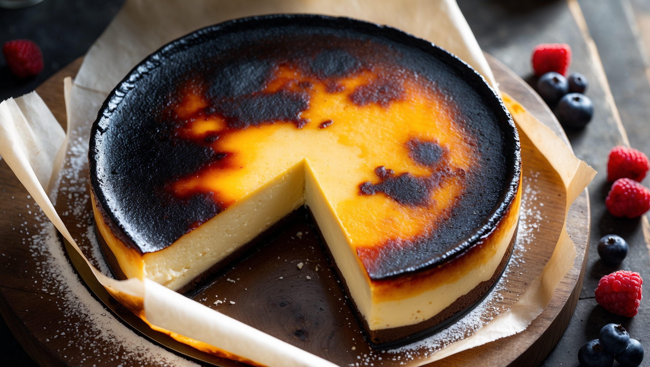An overhead shot of a Basque Burnt Cheesecake with its signature deeply caramelized top displaying uneven burnt patches against a creamy golden surface. A cross-section view reveals the dramatic contrast between the dark exterior and the impossibly creamy, slightly jiggly center that appears almost custard-like. The cheesecake sits on a rustic wooden board with the parchment paper artfully peeled back, creating elegant folds around the edges. Soft natural light streams in from the side, highlighting the textural differences between the burnt exterior and the velvety interior. A light dusting of powdered sugar and fresh berries scattered alongside provide vibrant color contrast against the deep amber tones of the cheesecake.
