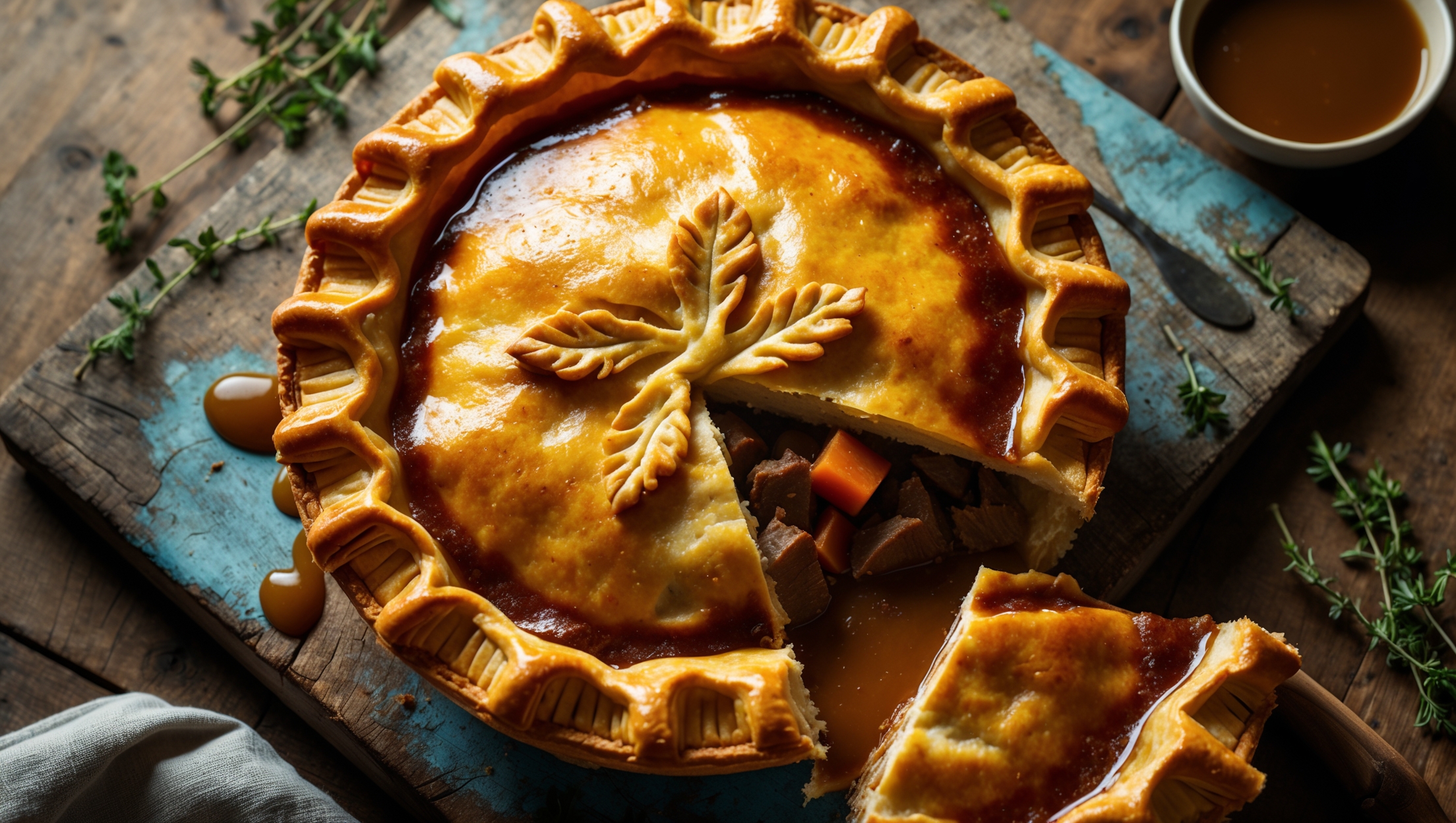 An overhead shot of a golden-brown Beef and Ale Pie, with steam escaping from a decorative pastry leaf vent cut in the center. The flaky pastry glistens with egg wash under warm studio lighting, emphasizing its intricate crimped edges and burnished surface. A cross-section view reveals succulent chunks of beef and vegetables suspended in a dark, glossy gravy that pools slightly at the edge of the slice being removed. The pie sits on a weathered wooden board with scattered fresh thyme sprigs and a small bowl of additional gravy nearby. The deep amber tones of the filling contrast beautifully with the light pastry, while the rich aroma is almost palpable in the cozy, homestyle setting.