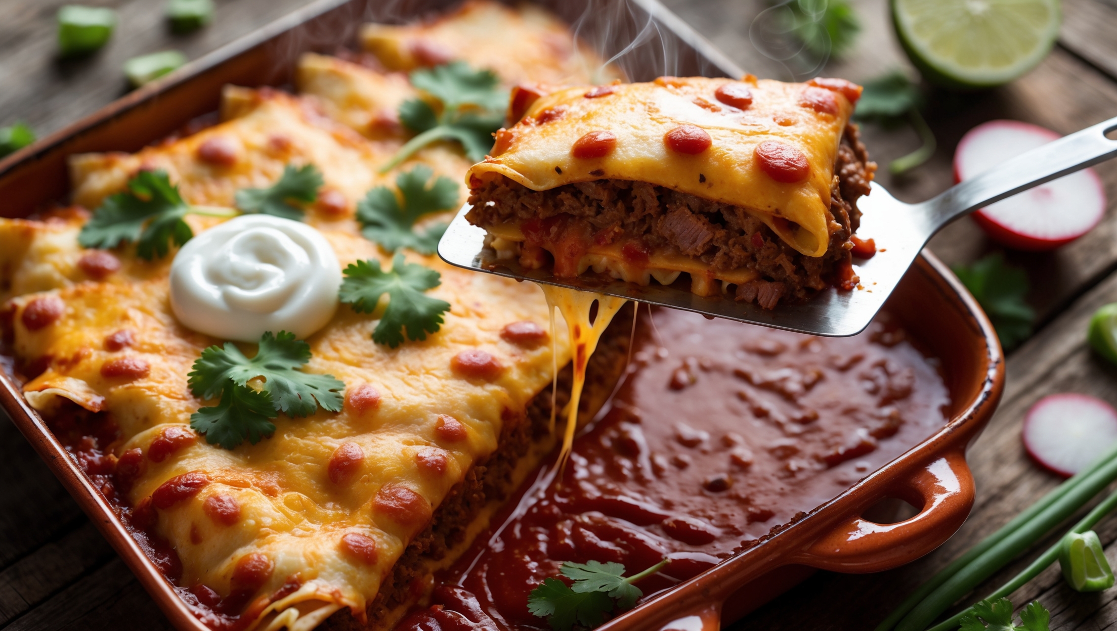 An overhead shot captures the beef enchilada casserole fresh from the oven, with bubbling cheese forming a golden-brown, slightly crispy top that reveals glimpses of the rich red enchilada sauce beneath. Steam rises gently as a spatula lifts a perfect portion, showing distinct layers of corn tortillas, seasoned beef, and melted cheese stretching in appetizing strings. The casserole is photographed in warm natural light on a rustic terracotta serving dish, garnished with bright green cilantro, thinly sliced radishes, and a dollop of sour cream slowly melting at the corner. The deep red sauce visible along the edges contrasts beautifully with the scattered green onions and fresh lime wedges arranged around the dish on a weathered wooden table.