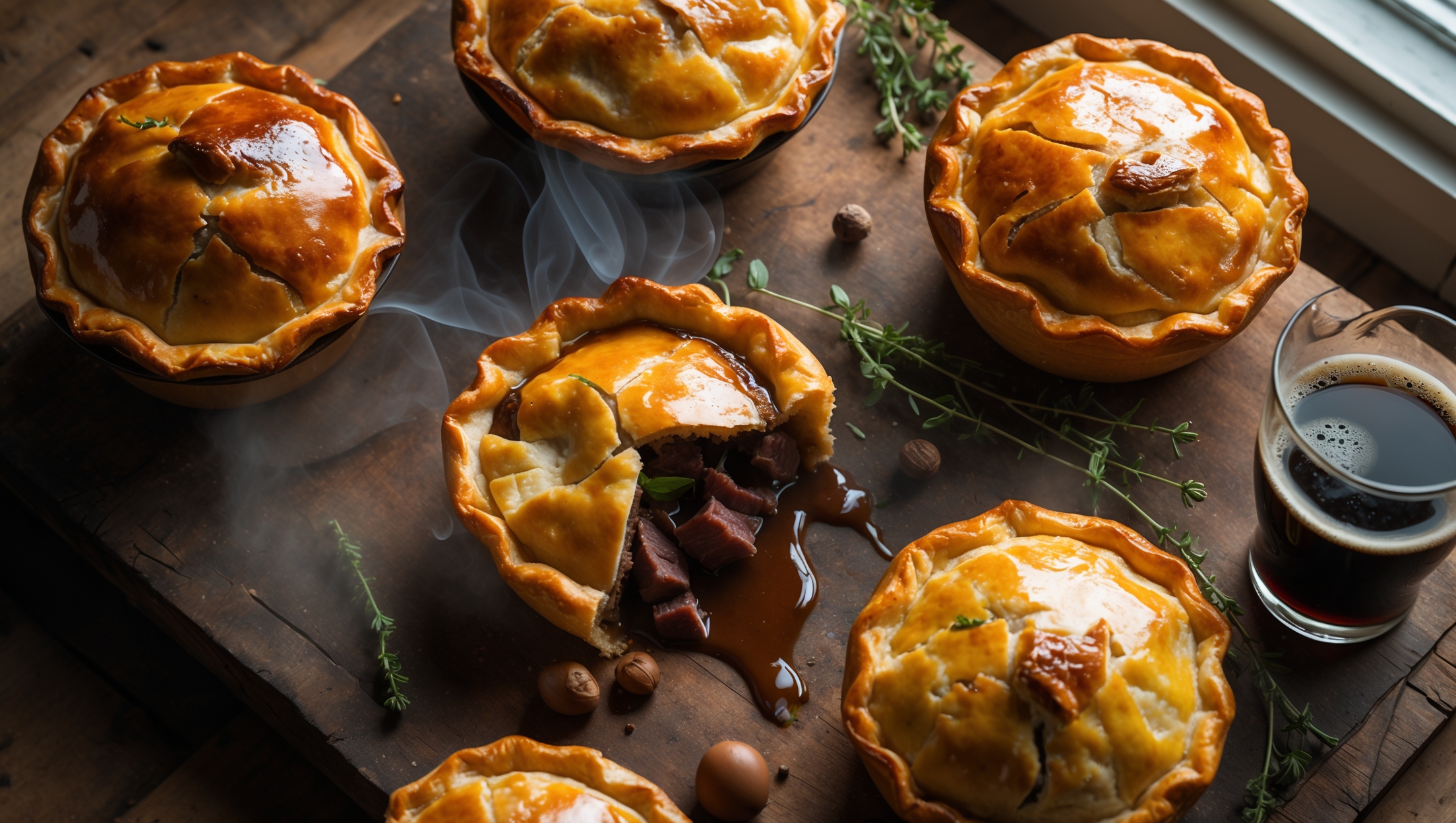 An overhead shot captures individual beef and Guinness pies with burnished, golden-brown tops, their flaky pastry glistening with egg wash under soft natural light streaming through a kitchen window. A cross-section view reveals the dark, rich filling with chunks of tender beef swimming in a thick, glossy gravy that pools slightly when cut. Steam rises gently from the exposed filling, carrying the warm aroma of stout and herbs. The pies are arranged on a rustic wooden board with sprigs of fresh thyme, whole peppercorns, and a small glass of Guinness nearby, creating a warm composition of deep browns, amber, and forest greens against the weathered wood background.
