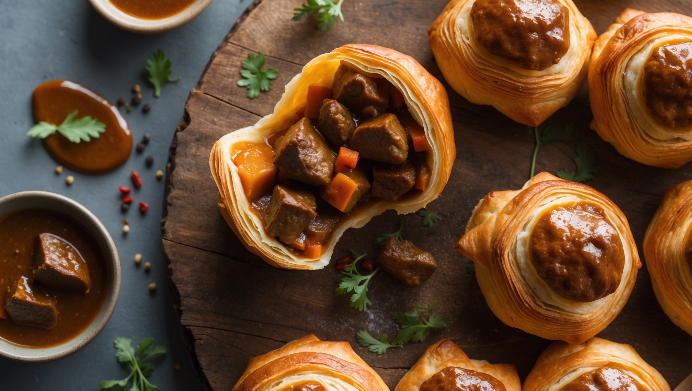An overhead shot of golden-brown beef curry puffs arranged on a rustic wooden serving board, with one broken open to reveal the savory filling within. The cross-section showcases chunks of tender beef and vegetables in a rich, glossy curry sauce nestled inside buttery, flaky pastry layers. Soft natural light highlights the multiple delicate layers of the pastry and the steam rising from the freshly baked puffs. A small bowl of extra curry sauce sits nearby for dipping, alongside scattered fresh herbs and whole spices that hint at the aromatic flavors inside. The warm amber tones of the curry contrast beautifully with the pastry's golden exterior.