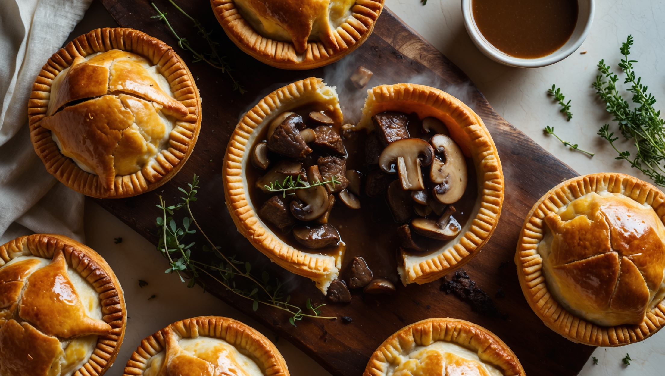Overhead shot of golden-brown individual beef and mushroom pies arranged on a rustic wooden board, with one pie cut open revealing the steaming, rich filling inside. The cross-section displays tender chunks of beef and earthy mushrooms bound in a glossy dark gravy. Shot in warm natural light that accentuates the flaky pastry layers and glistening filling. A sprinkling of fresh thyme and a small bowl of additional gravy sits nearby, with steam rising dramatically from the freshly baked pies. The deep browns and caramelized edges contrast beautifully against the creamy interior and backdrop of vintage linen.