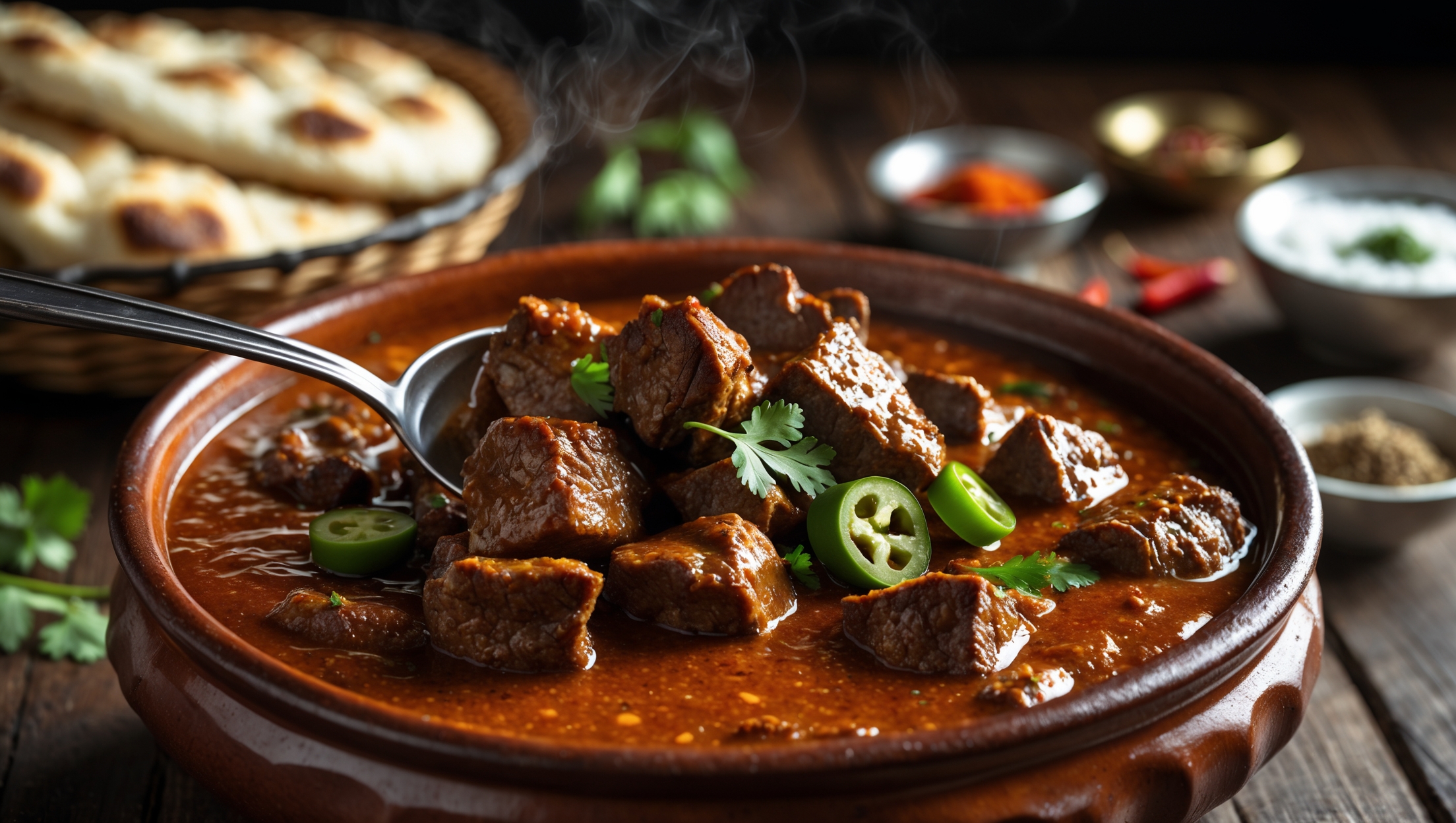 A steaming bowl of Beef Rogan showcased in a deep, earthenware dish, where chunks of tender beef glisten under a thick, vibrant red-brown gravy. The closeup shot captures the texture of the meat falling apart under the weight of a serving spoon, with a light scatter of fresh coriander leaves and sliced green chilies adding bright color contrast. Warm, directional lighting emphasizes the gloss of the sauce and highlights the pools of fragrant oil that have naturally separated during slow cooking. In the background, slightly blurred, sits a basket of freshly-baked naan bread, a small bowl of yogurt, and aromatic basmati rice, all arranged on a rustic wooden table with small bowls of additional spices scattered around the composition.