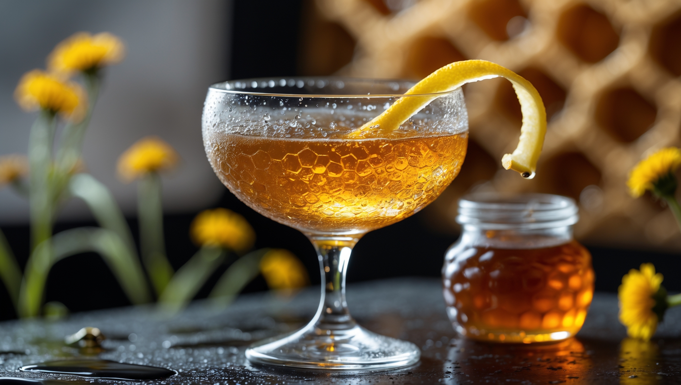 A crystal coupe glass captures the Bee's Knees cocktail in perfect golden-amber clarity, with honey-tinted liquid shimmering under soft bar lighting. Condensation beads the outside of the glass, suggesting refreshing coldness. A delicate lemon twist spirals along the rim, releasing citrus oils that catch the light. The background features blurred honeycomb patterns and wildflowers, complementing the cocktail's honey-forward profile, while a small jar of artisanal honey sits nearby, emphasizing the cocktail's star ingredient.