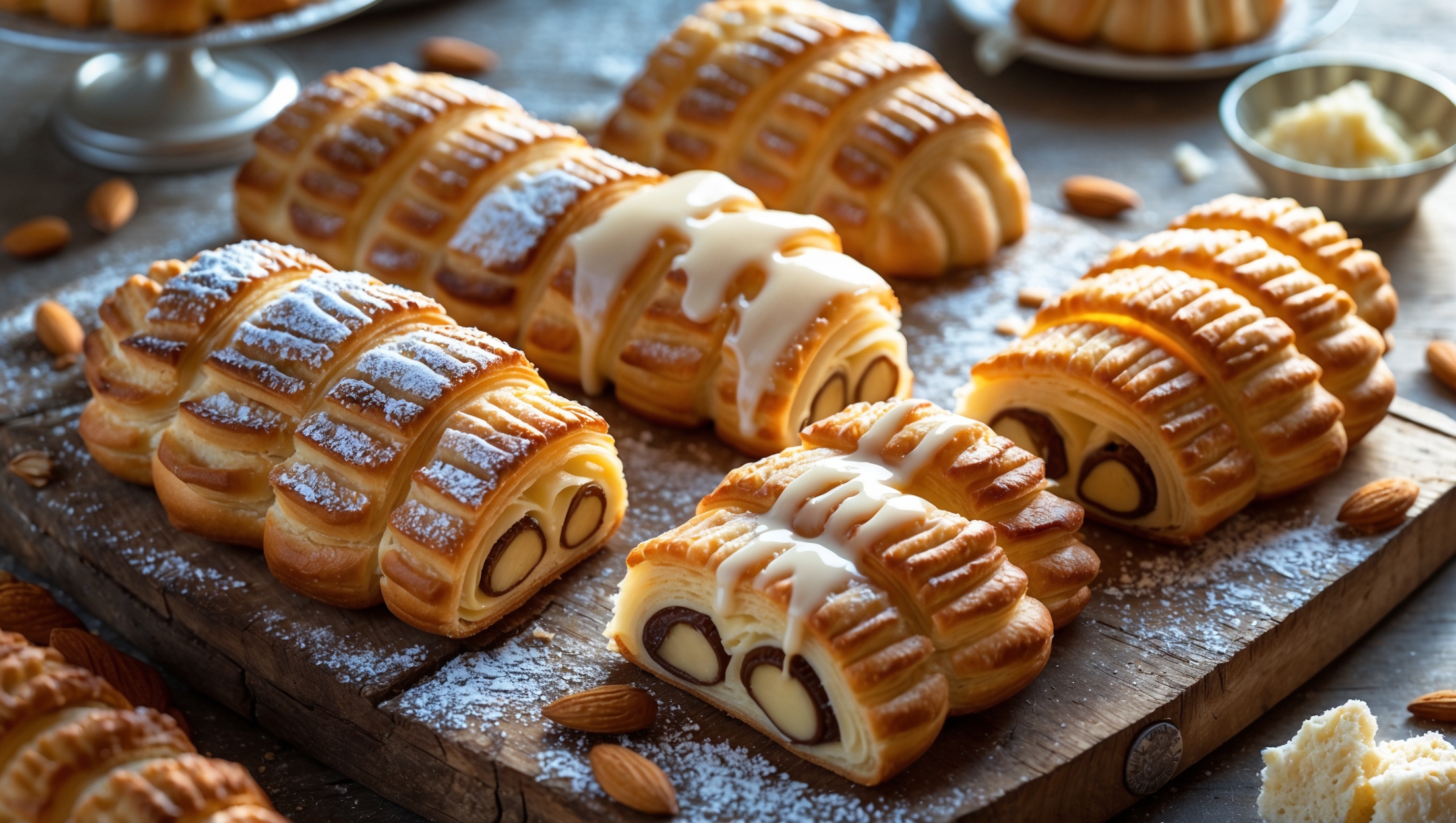 An overhead shot of freshly baked bear claws arranged on a rustic wooden board, their golden-brown ridged tops glistening under soft natural light. A cross-section view reveals the delicate pastry layers and rich almond filling peeking through. Some bear claws are dusted with powdered sugar while others showcase a thin vanilla glaze drizzled artfully across their surfaces. Scattered almond slivers and a small bowl of almond paste add context to the composition, while a vintage cake stand in the background holds additional pastries. The warm golden hues of the pastry contrast beautifully with the cream-colored filling, all captured during morning light that highlights the flaky texture and distinctive "claw" cuts.