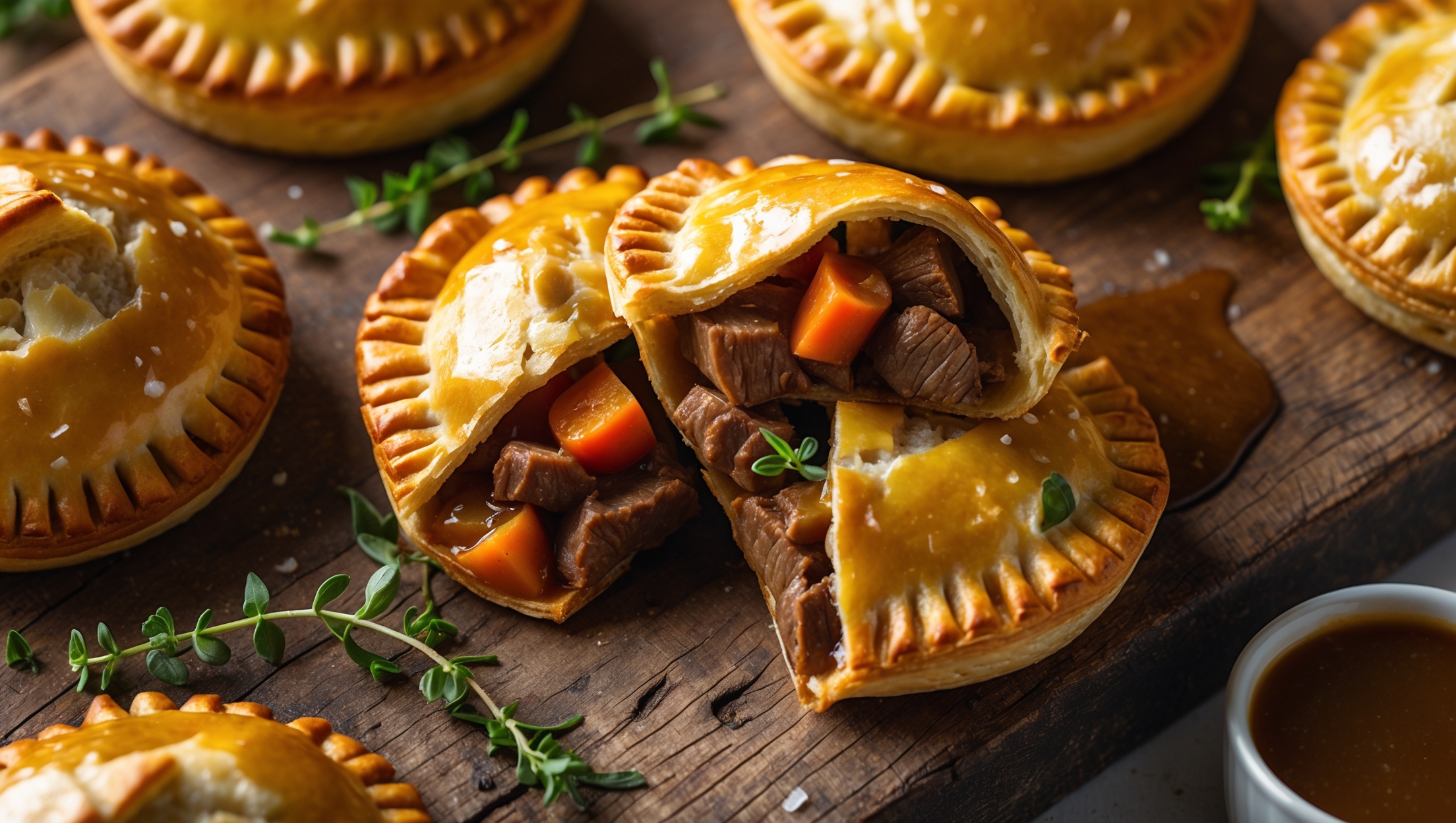 An overhead shot of golden-brown beef hand pies arranged on a rustic wooden board, with one pie broken open to reveal the steaming savory filling inside. The cross-section showcases chunks of tender beef and colorful vegetables bound in a rich gravy. Captured in soft natural light highlighting the flaky layers of the pastry crust, with tiny specks of sea salt visible on the glossy egg-washed surface. A sprinkling of fresh thyme leaves adds a pop of green against the amber tones of the pastry, while a small ramekin of extra gravy sits nearby for dipping.