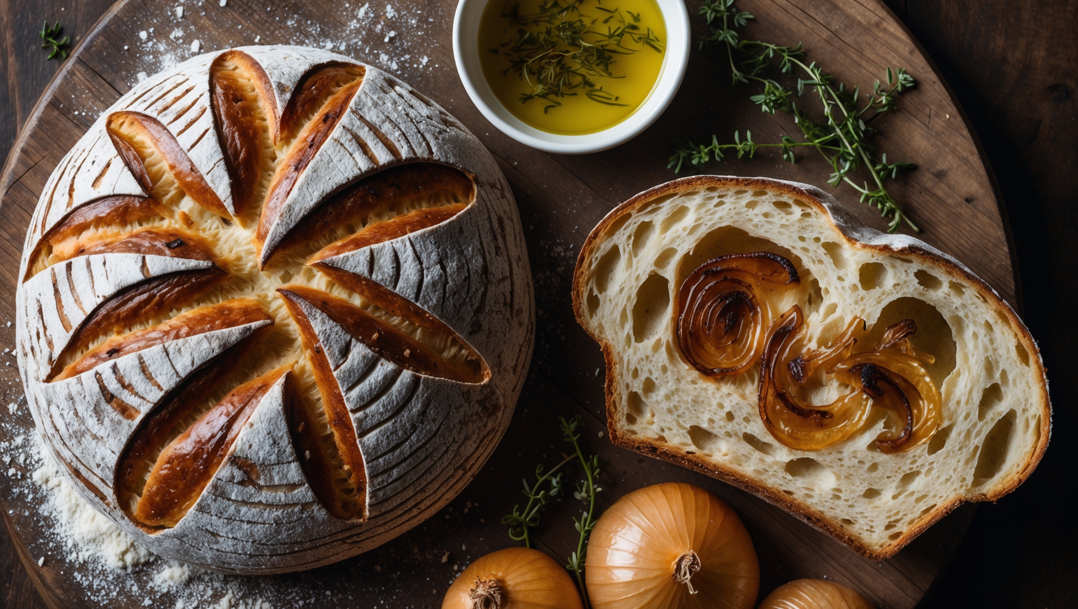 An overhead shot of a rustic, artisanal round loaf with a deep golden-brown crust dusted with flour, revealing attractive scoring patterns across the top. A cross-section slice showcases the bread's open, airy crumb structure with visible strands of caramelized onions woven throughout the amber-tinted interior. The bread rests on a weathered wooden board alongside a small bowl of herb-infused olive oil for dipping, with sprigs of fresh thyme and a few whole caramelized onions artfully scattered around. Warm, directional lighting highlights the glossy sheen of the crust and the moist, tender interior, emphasizing the contrast between the rustic exterior and the soft, flavor-packed crumb.
