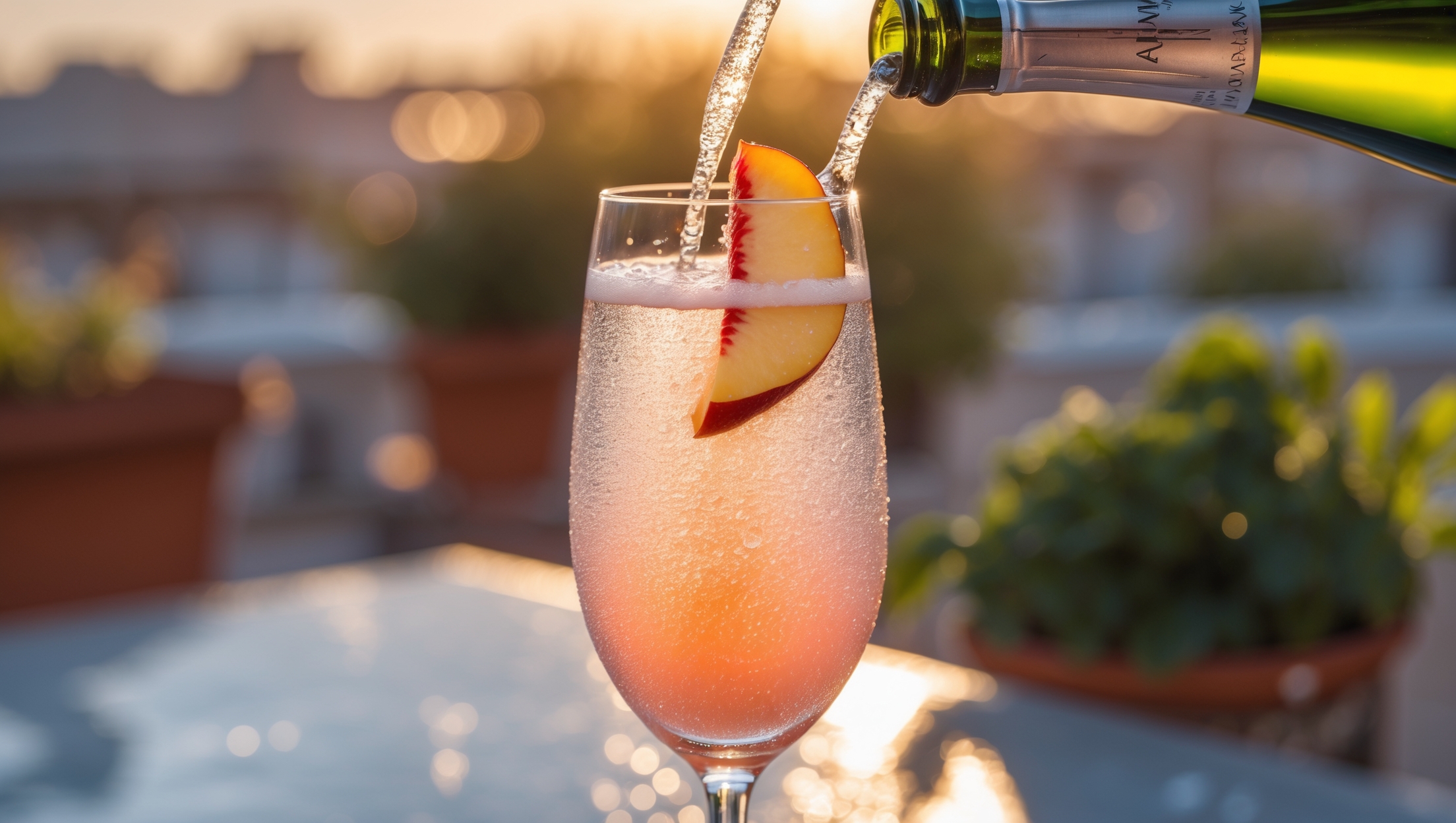 A crystalline flute stands against a sun-drenched Italian terrace backdrop, golden hour light illuminating the Bellini's perfect peach-to-blush ombré gradient. Bubbles rise elegantly through the drink, catching light as they ascend. The glass features delicate condensation beads, suggesting perfect chilling, while a sliver of fresh white peach balances on the rim. The image captures the moment a bottle of Prosecco hovers above, adding the final effervescent pour that creates a gentle crown of foam.