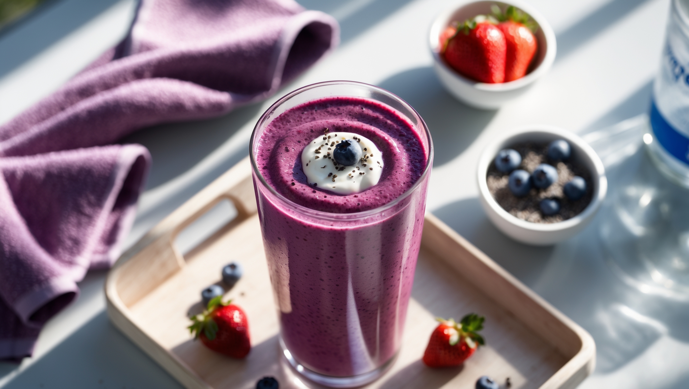 An overhead shot of a tall glass filled with a rich purple-red smoothie, topped with a swirl of creamy yogurt and scattered with fresh berries. A cross-section view reveals the thick, velvety texture with tiny berry seeds visible throughout. Soft natural light streams in from the side, highlighting the smoothie's vibrant color and glossy surface. The glass sits on a light wooden serving tray alongside small bowls containing fresh blueberries, strawberries, and a sprinkle of chia seeds. A rolled exercise towel and water bottle sit partially in frame, underscoring the post-workout theme. Morning light bathes the scene, emphasizing the refreshing, energizing nature of this nutritious blend.