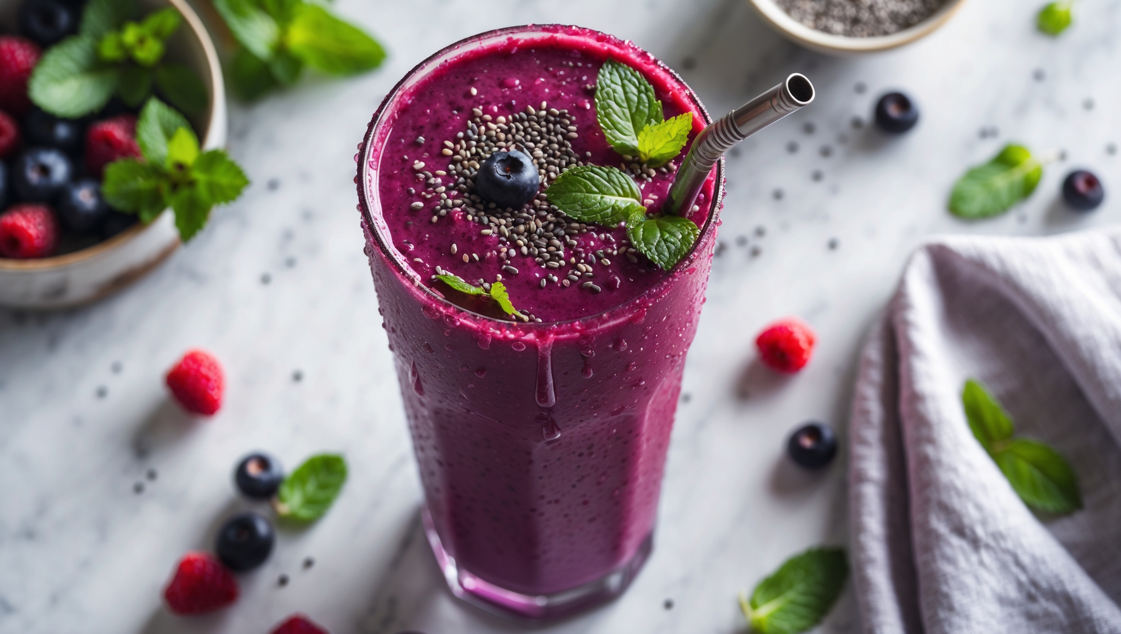 An overhead shot of a tall glass filled with a deep purple-red smoothie, its surface garnished with fresh mint leaves, scattered berries, and a delicate sprinkle of chia seeds. The glass has condensation droplets forming on its exterior, suggesting refreshing coolness. Soft natural light streams in from the side, highlighting the vibrant color gradient within the smoothie. A vintage metal straw tilts slightly in the glass, surrounded by fresh berries and mint sprigs artfully scattered on a light marble surface. In the background, a small bowl of chia seeds and a linen napkin add texture to this bright, health-focused composition.