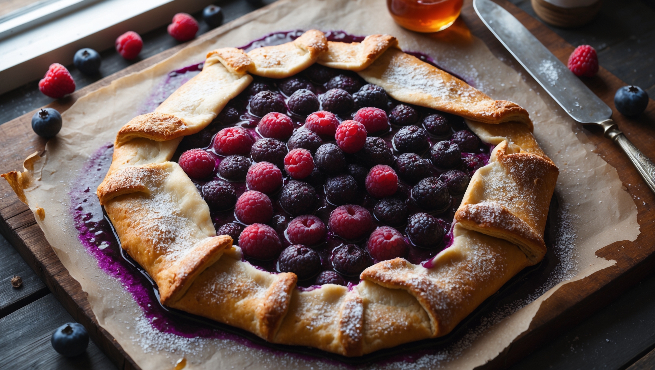An overhead shot of a Berry Galette resting on a worn wooden board, its golden-brown crust folded artfully around a vibrant pool of glistening mixed berries. Soft natural light streams from a nearby window, highlighting the contrast between the flaky, sugar-dusted pastry and the deep purple-red berry filling that bubbles slightly at the edges. A light dusting of powdered sugar creates a delicate contrast against the caramelized fruit juices that have seeped onto the parchment paper. In the background, scattered fresh berries, a small jar of honey, and a vintage silver serving knife complement the rustic, homemade charm of this free-form tart.