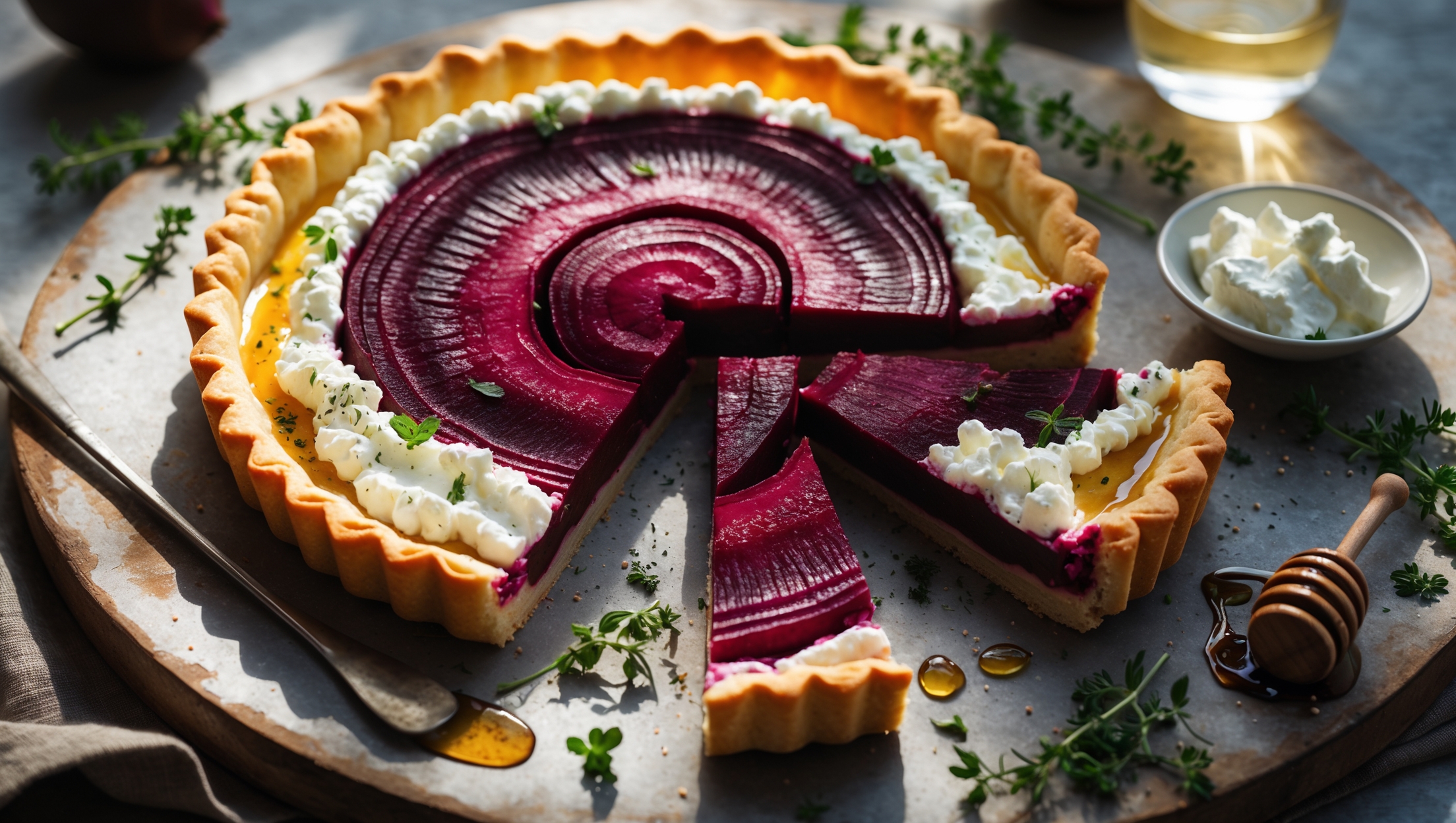 An overhead shot of the Beet and Goat Cheese Tart showcasing its stunning visual contrast – deep magenta beet slices arranged in a spiral pattern atop creamy white goat cheese filling, all nestled within a golden-brown flaky pastry crust. Soft natural light streams across the scene, illuminating flecks of fresh thyme and a light dusting of black pepper. The tart rests on a weathered wooden board surrounded by scattered fresh herbs, a drizzle of honey, and a small bowl of additional goat cheese. A slice has been removed, revealing the perfect layering of the filling against the crisp base, while a glass of white wine sits slightly blurred in the background, suggesting the perfect pairing for this sophisticated rustic dish.