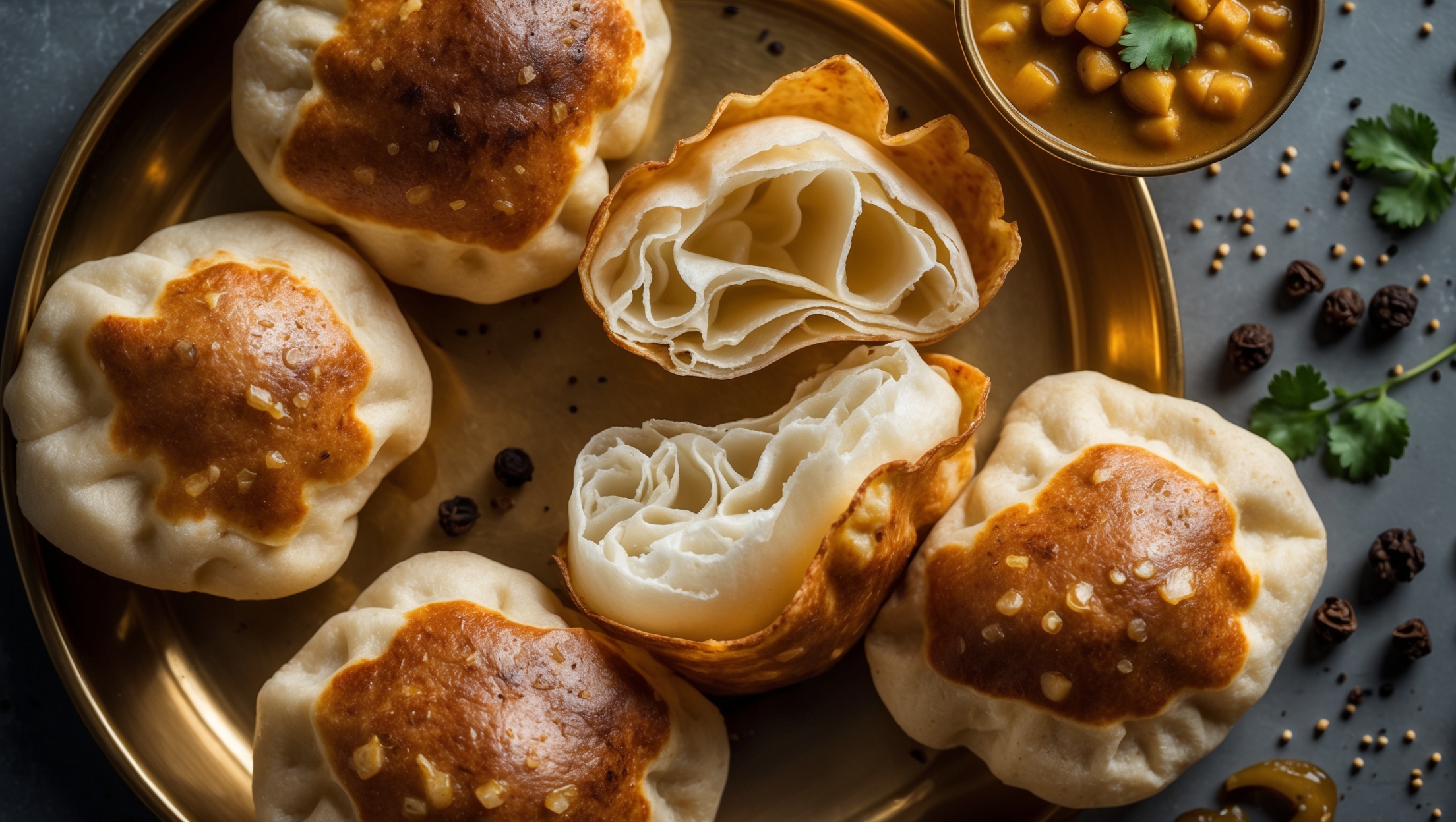 An overhead shot of freshly fried bhaturas, their golden-brown surfaces glistening slightly with tiny bubbles visible on the crisp exterior. A close-up reveals the airy, layered interior structure when torn open, with steam still escaping. The bhaturas are arranged on a traditional brass thali alongside a small copper bowl of vibrant chickpea curry (chole). Scattered black peppercorns and caramelized onions create visual interest around the plate. The warm, directional light accentuates the textural contrast between the bhaturas' crisp exterior and pillowy center, while a sprinkle of fresh cilantro adds a pop of green against the golden bread.