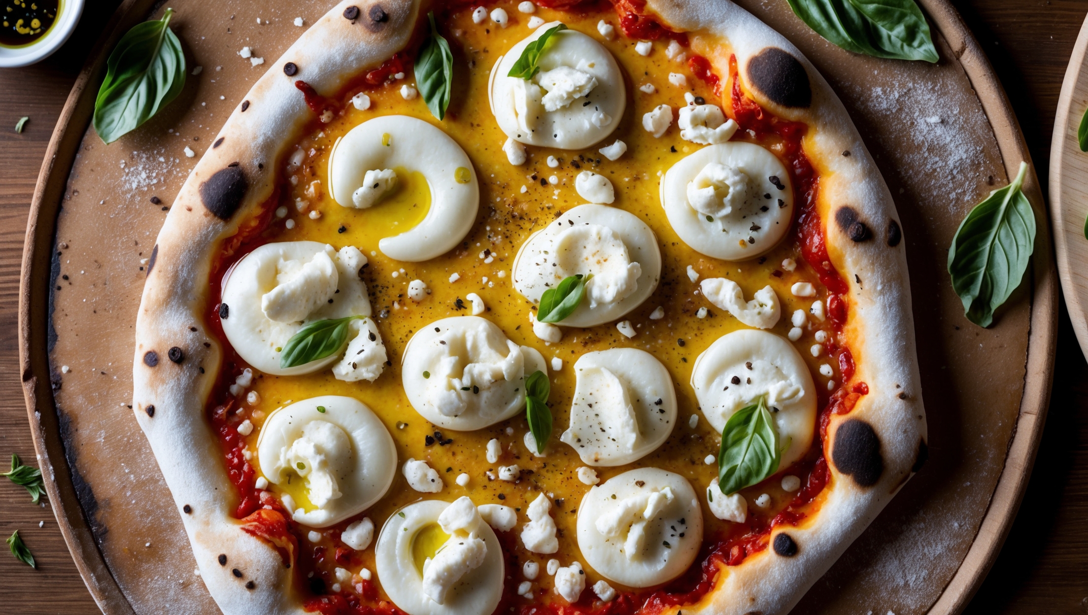An overhead shot of a perfectly baked Bianca pizza on a rustic pizza stone, captured in warm natural light. The pizza's surface showcases a masterful arrangement of bubbling mozzarella with light golden-brown patches, scattered aromatic herbs, and swirls of ricotta that create beautiful texture variations. Small glistening pools of olive oil catch the light while flakes of sea salt and freshly cracked black pepper add dimension. The crust exhibits a golden-brown edge with visible air bubbles and charred spots, demonstrating perfect fermentation. A wooden pizza peel rests nearby with fresh basil leaves and a small bowl of chili oil, suggesting serving possibilities. The camera angle reveals the thin, crisp base with just enough structure to hold the delicate white toppings.