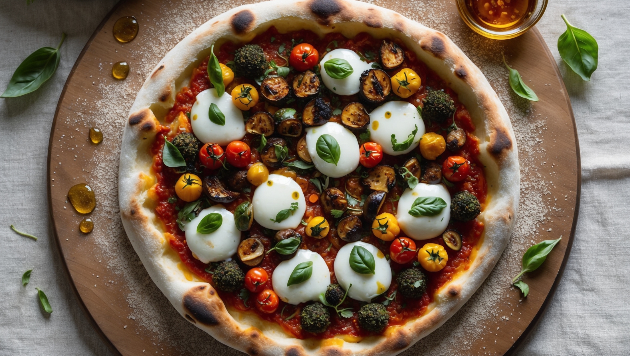 An overhead shot of a perfectly round vegan pizza with a golden-brown crust and vibrant toppings captured in warm, natural light. The crisp edges of the crust show slight charring while the center reveals a colorful array of roasted vegetables and dollops of melted vegan mozzarella with flecks of fresh basil scattered across the top. Droplets of olive oil glisten on the surface, highlighting the rustic texture of the tomato sauce beneath. The pizza rests on a wooden serving board dusted with semolina, with scattered fresh herbs and a small bowl of chili oil in the frame, emphasizing the homemade quality against a neutral linen background.