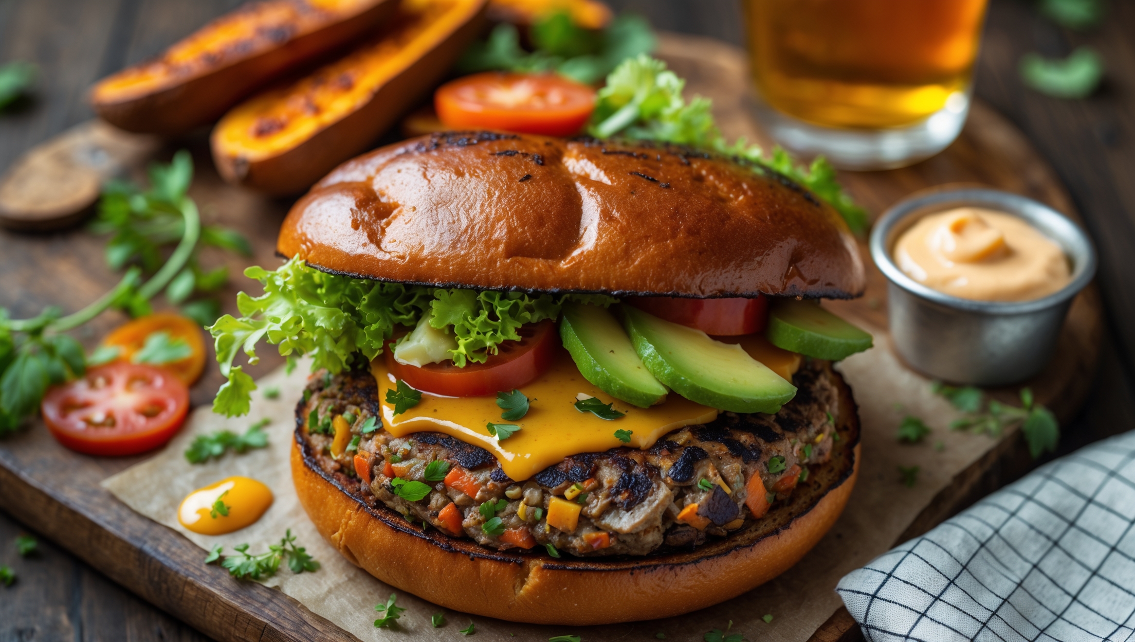 An overhead shot of a perfectly charred veggie burger resting on a toasted brioche bun, revealing layers of vibrant ingredients. The cross-section displays the patty's robust texture studded with visible bits of mushrooms, beans, and colorful vegetables. Soft natural light accentuates the burger's golden-brown crust and moist interior. The burger sits on a rustic wooden board adorned with scattered fresh herbs, roasted sweet potato wedges, and a small ramekin of homemade aioli. Toppings of crisp lettuce, ripe tomato slices, and sliced avocado add height and color contrast, while melted cheese drips temptingly down the sides. A gingham napkin and craft beer complete this artisanal plant-based masterpiece.