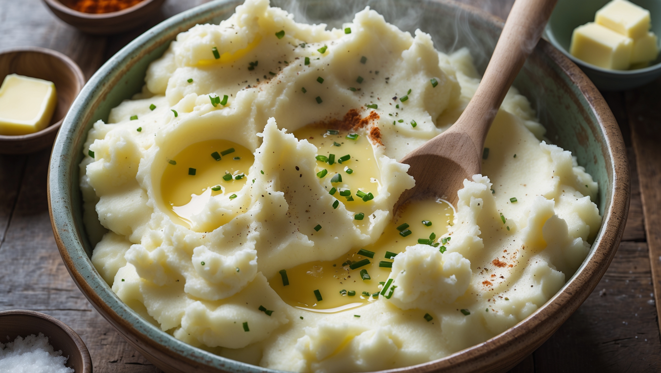 Overhead shot of a rustic ceramic serving bowl filled with cloud-like mashed potatoes, their surface creating gentle peaks and valleys glistening with melted butter pooling in the crevices. A wooden spoon rests partially submerged, showing the potatoes' silky, whipped texture. The warm, creamy white potatoes are garnished with flecks of freshly cracked black pepper, chopped chives, and a light dusting of paprika for color contrast. Soft natural light highlights the steam rising gently from the dish, set against a weathered wooden table with small bowls of additional butter and coarse sea salt visible at the edge of the frame.