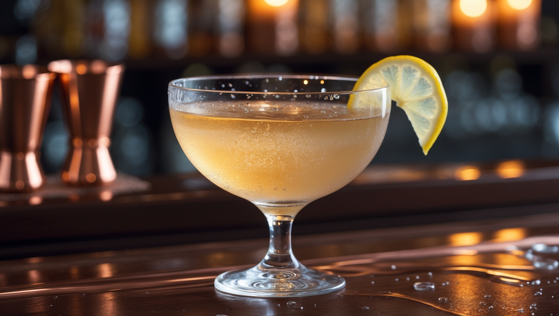An elegant coupe glass captures the pale golden liquid of the Between the Sheets cocktail, with crystal clarity revealing subtle amber depths. The drink is backlit with warm bar lighting that creates a luminous glow through the cocktail, highlighting its silky texture. A delicate, perfectly expressed lemon twist rests on the rim, its essential oils creating miniature prismatic patterns on the surface. Condensation beads form on the outside of the expertly chilled glass, suggesting the perfect serving temperature. The cocktail sits atop a polished dark wood bar, with blurred copper bar tools and soft candlelight in the background creating an atmosphere of sophisticated indulgence.